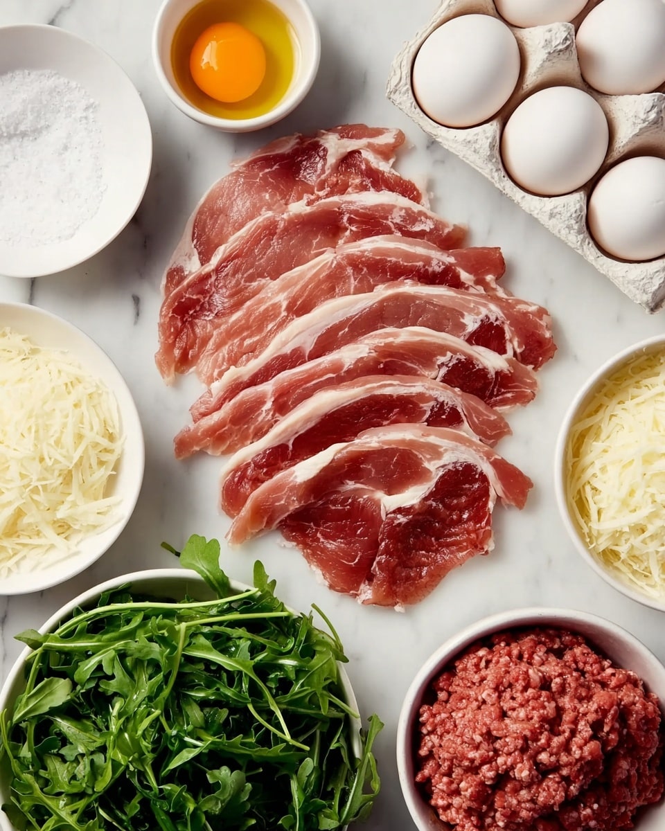 The image shows six slices of raw meat with a mix of red and white fat layers, laid out in a fan shape on a white marbled surface. Around the meat are six white bowls or containers: one with salt, one with a golden sauce, one with raw ground meat, one with white sliced onions, one with fresh green leafy arugula, and a carton holding six white eggs. Each bowl contains a single ingredient, and the arrangement looks clean and organized. Photo taken with an iphone --ar 4:5 --v 7