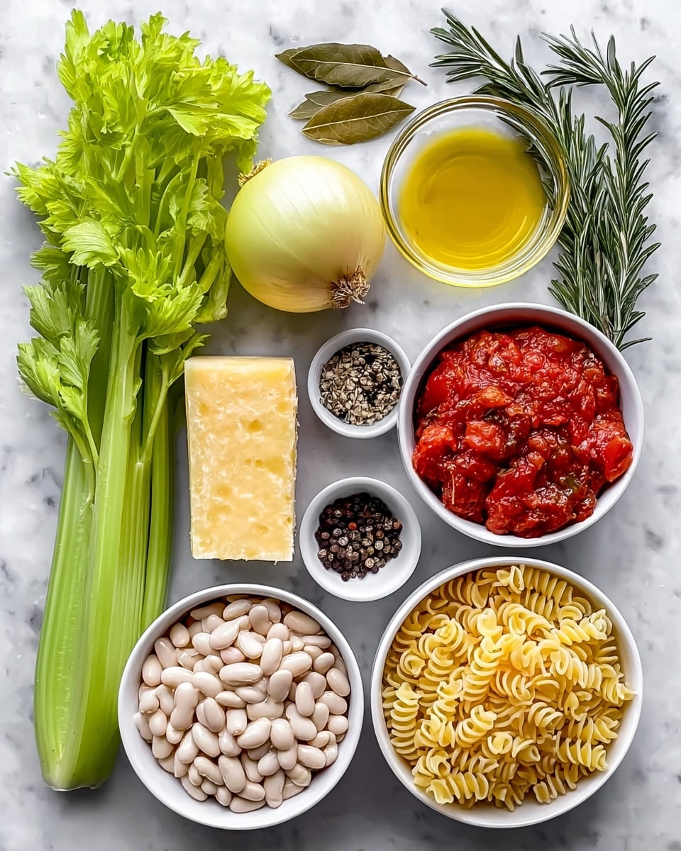 A collection of fresh cooking ingredients is neatly arranged on a white marbled surface. Starting from the left, there is a bright green celery stalk with leafy tops. Next to it, a glass bowl filled with clear golden olive oil is placed. Below the oil, a whole golden-brown onion with papery skin sits. To the right of the onion, two large dark green bay leaves and a sprig of fresh rosemary with thin needle-like leaves rest side by side. Below the bay leaves, a small white bowl holds a mix of black and white ground pepper with salt. Near the bottom left, a small white bowl contains chunky red diced tomatoes with visible bits of garlic. Adjacent to the tomatoes, a pale yellow block of hard cheese stands. On the right side of the image, a large white bowl is filled with white dry beans, and below it, another large white bowl contains light yellow uncooked twisted pasta spirals. photo taken with an iphone --ar 4:5 --v 7