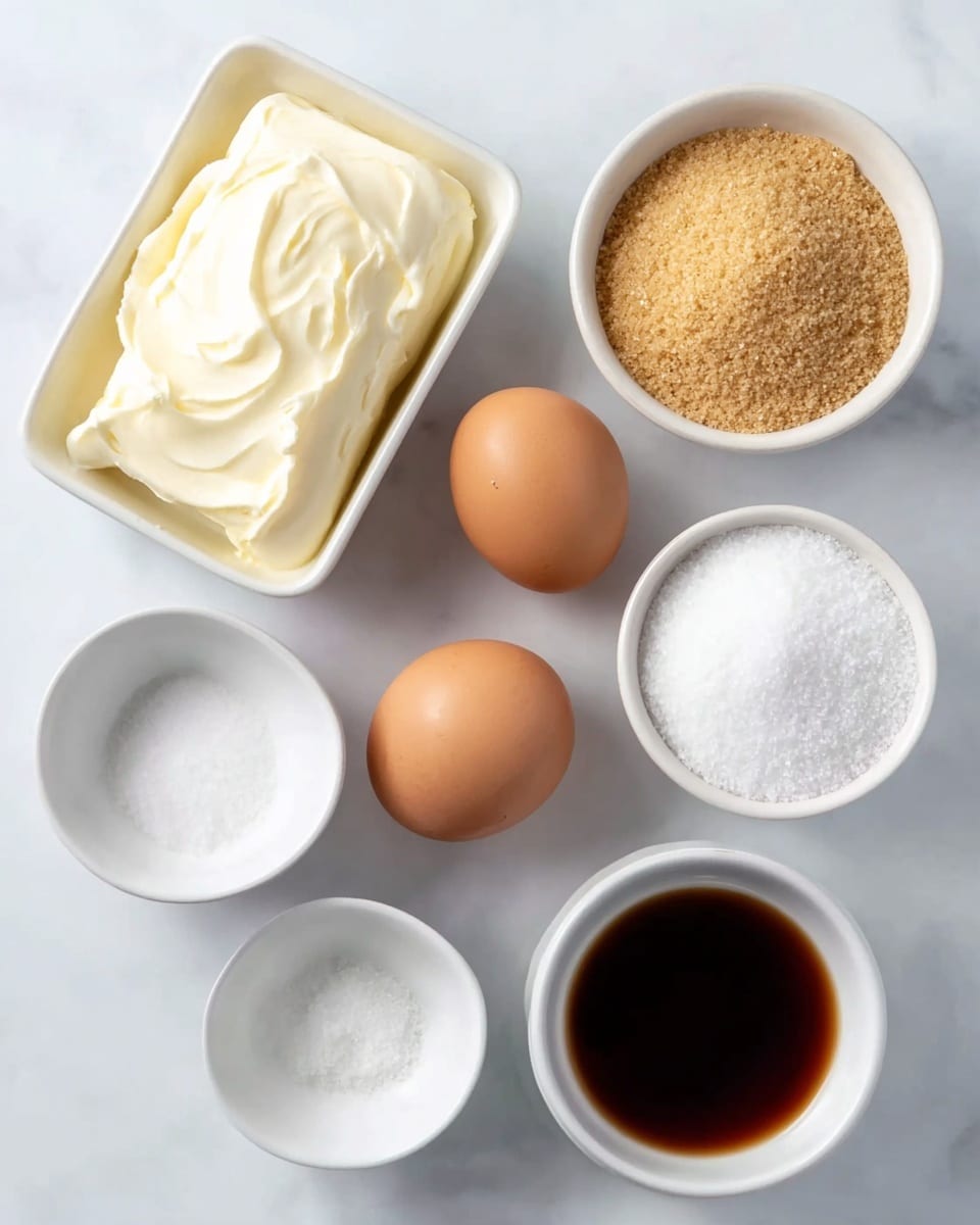 The image shows seven ingredients arranged on a white marbled surface, including a rectangular white dish filled with a thick, creamy off-white substance, and six white round bowls containing different ingredients: one with granulated brown sugar, one with a dark amber liquid, one with a white powder, one with a clear liquid, one with a creamy pale yellow liquid, and three whole brown eggs placed directly on the surface near the bowls. photo taken with an iphone --ar 4:5 --v 7