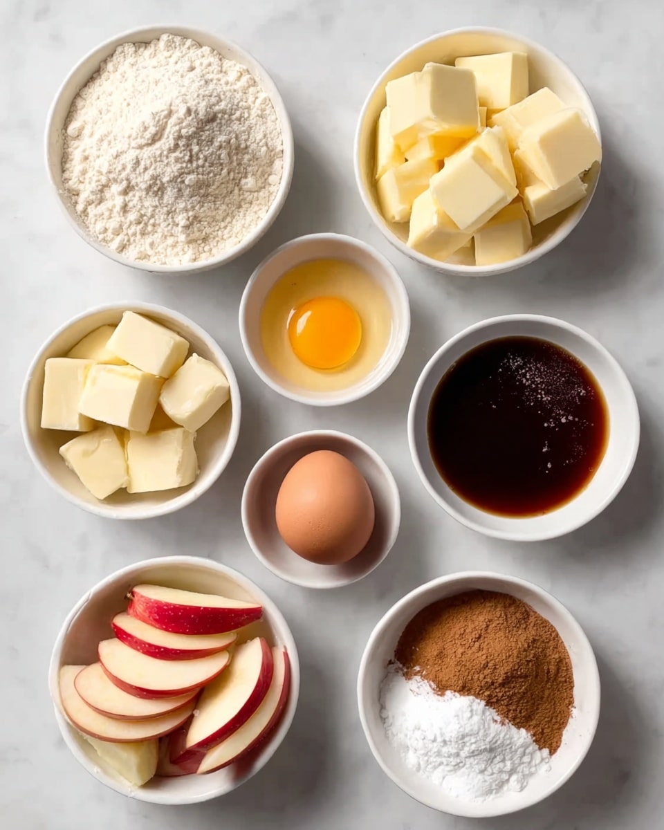 The image shows eight white bowls and one white cup arranged on a white marbled surface, each holding different baking ingredients. In the top left, a bowl is filled with white flour, next to it on the right is a bowl with yellow butter cubes. Below the flour is a bowl with a raw egg yolk and white surrounded by some space. Next to it is a small bowl filled with light brown sugar crystals. Below the butter cubes is a small bowl with a dark liquid, likely vanilla extract. In the center, a small bowl holds a whole brown egg. In the bottom left is a bowl filled with slices of red apple showing their creamy inside. To the bottom right of the apples is another bowl with white powdered sugar. Above that, a small bowl contains a medium brown powder, possibly cinnamon. The overall scene is bright, clean, and ready for baking. Photo taken with an iphone --ar 4:5 --v 7
