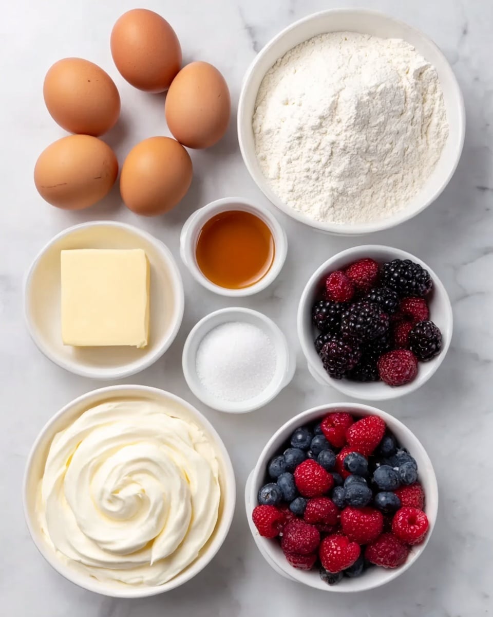 The image shows seven brown eggs placed together on the left side above a white marbled background. Surrounding them are six white bowls arranged closely: the top right bowl is filled with white flour with a slightly uneven surface, below it a bowl with white granulated sugar, and further below a white bowl with mixed berries including red raspberries, blackberries, and blue blueberries. On the bottom left is a bowl of white cream, next to it is a bowl of smooth yellow butter, and in the center is a small bowl with amber-colored liquid, likely vanilla extract, and another smaller bowl with pale cream or milk. All bowls and eggs are set on a white marbled surface. Photo taken with an iphone --ar 4:5 --v 7