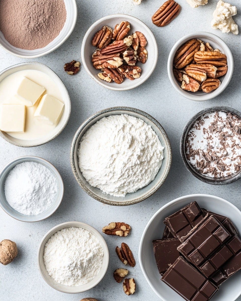 The image shows a close-up of a layered dessert square on a white marbled surface. The dessert has four main layers: a dark crumbly base at the bottom, a thick creamy white layer above it, a smooth dark brown chocolate layer on top of the white layer, and a thick fluffy white cream layer on the very top. The top layer is decorated with curly dark chocolate shavings scattered over it. There are more pieces of the same dessert blurred in the background. The focus is sharp on the front square, showing all textures clearly. photo taken with an iphone --ar 4:5 --v 7