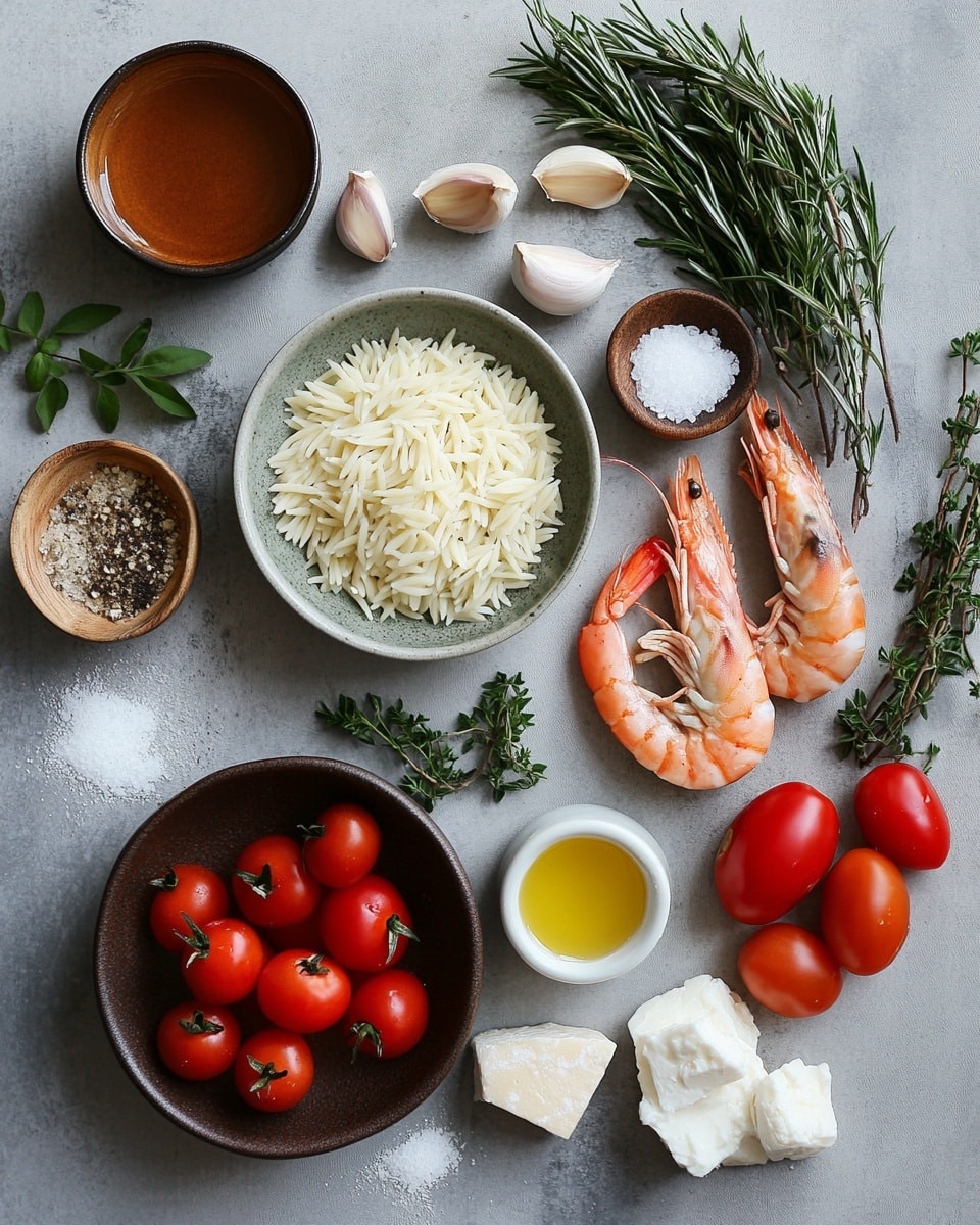 A round pan with a blue handle holds a layered shrimp and orzo dish. The base layer is a thick orange-red sauce mixed with small pieces of orzo pasta and chopped tomatoes. On top, there is a layer of pink shrimp scattered evenly, and white crumbled cheese sprinkled throughout. Small green herb leaves are spread over the whole dish, giving a fresh touch. A silver spoon rests inside the pan, showing some of the layers stirred together. The pan sits on a white marbled surface with a few cherry tomatoes on the left and a textured light blue cloth near the bottom right. A green glass is visible at the top right corner. photo taken with an iphone --ar 4:5 --v 7