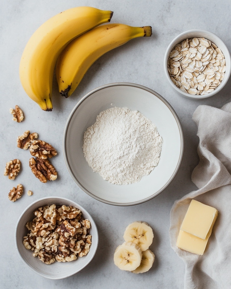 A round white bowl holds a dessert with three clear layers. The base is a crumbly crust with a light golden yellow color, crust edges rough and thick. On top of this is a layer of sliced yellow bananas with soft texture and some natural brown spots in the middle. The upper layer is a crumbly topping with a deeper golden color and rough texture sprinkled lightly with white powdered sugar. The bowl is set on a white marbled surface. photo taken with an iphone --ar 4:5 --v 7