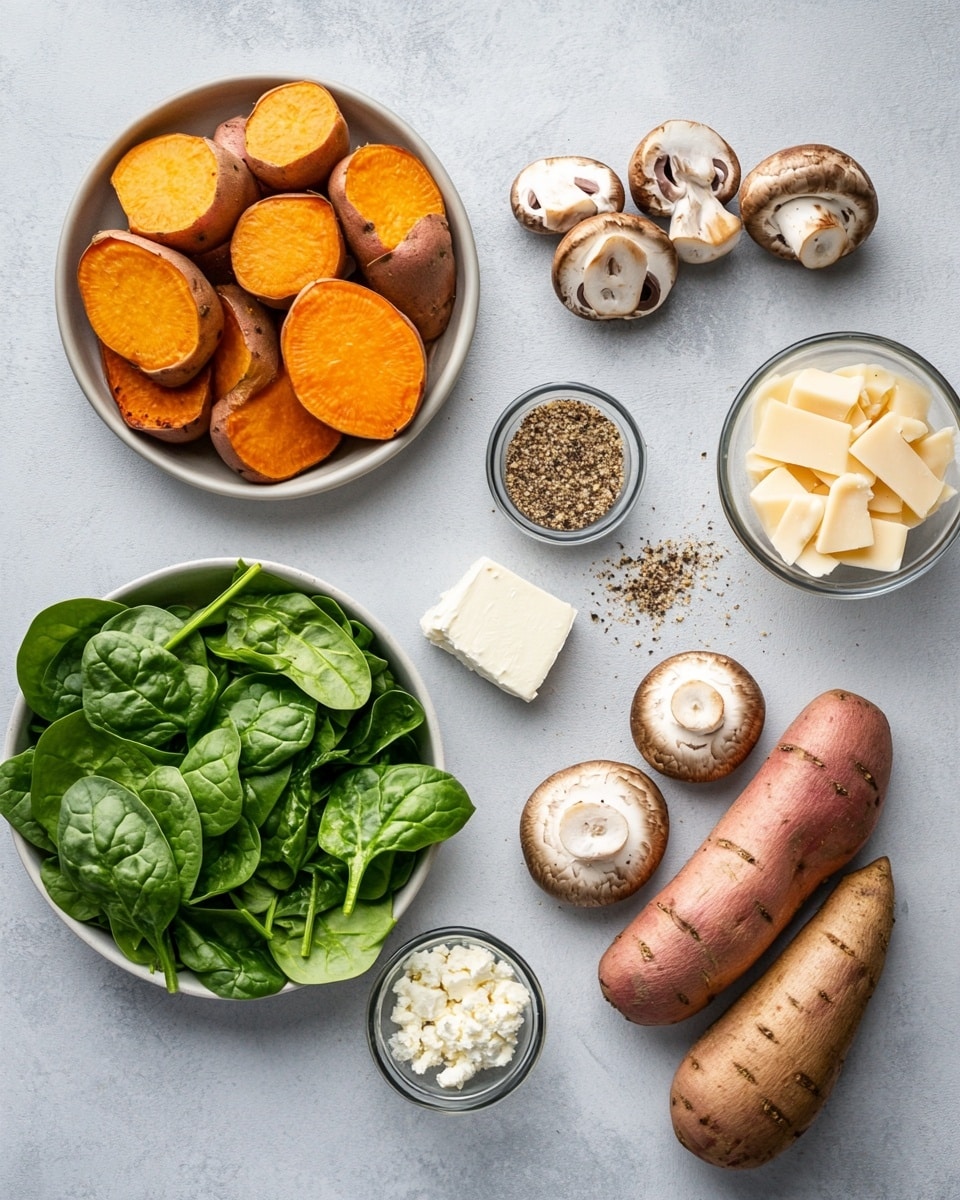 Two halves of a baked sweet potato sit side by side on a black tray with a white marbled texture background. Each half has three layers: the bottom orange flesh of the sweet potato with its brown skin edge visible, a middle layer of dark green sautéed spinach, and a top layer of melted white cheese covering sliced brown mushrooms. The melted cheese has a smooth, slightly shiny texture, and the mushrooms appear tender and slightly browned. The image has a close-up view focusing on the texture and freshness of the ingredients, showing a wholesome and colorful dish. Photo taken with an iphone --ar 4:5 --v 7