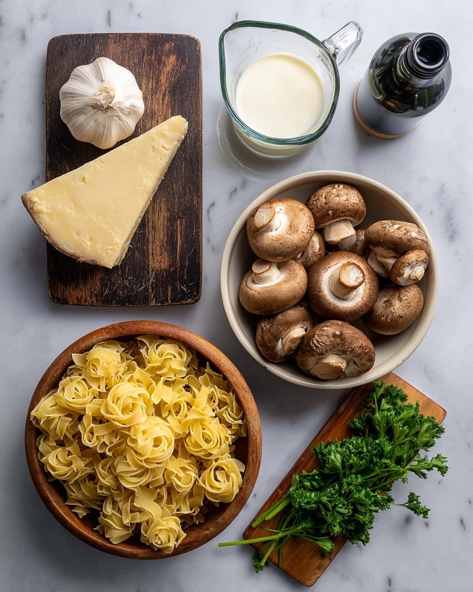 The image shows ingredients for a pasta dish arranged on a white marbled surface. In the center, there is a white plate filled with brown mushrooms, some large and some small, with a slightly rough texture. Below this plate is a white bowl filled with small nests of uncooked yellow pasta, smooth and curly in shape. To the left, a dark wooden board holds a wedge of hard, pale yellow cheese with a slightly grainy texture. Next to the board is a small glass pitcher filled with white cream. Above the mushrooms, a small wooden board holds fresh green parsley with leafy stems. A whole bulb of garlic with white papery skin sits near the middle of the scene. In the bottom right corner, there is a bottle with a dark liquid, likely oil, partially visible. The photo taken with an iphone --ar 4:5 --v 7