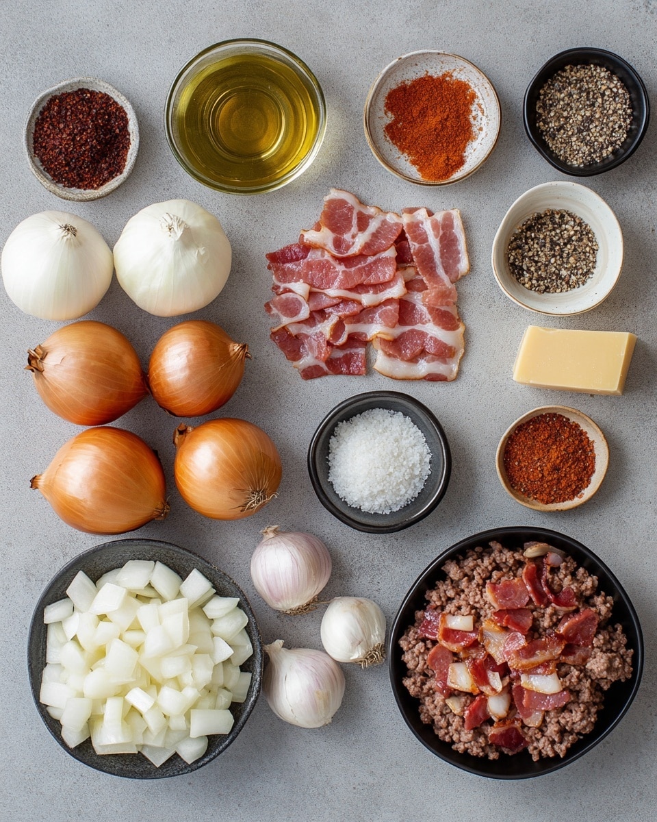 The image shows six stuffed onions placed closely together on a dark pan with a wooden edge. Each onion is hollowed out and filled with a brown, textured meat mixture topped with small bits of green herbs. The onions have visible dark grill marks and a glossy sauce that pools slightly around their base. The outer layers of the onions are golden to light brown with some charred black stripes. The background surface is a white marbled texture. Photo taken with an iphone --ar 4:5 --v 7
