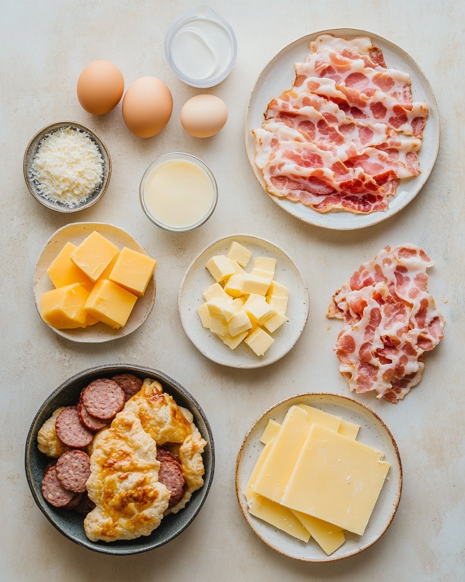 A woman's hand holds a square-shaped golden brown puff pastry folded in half, showing three layers of crispy crust on the outside. Inside, the filling has three distinct layers: small pieces of browned sausage mixed with bits of browned bacon on top, a middle layer of soft yellow scrambled eggs, and small white chunks mixed in throughout. The background shows more whole pastries with the same golden, flaky crust on a baking tray lined with white paper over a white marbled surface. A white bowl with shredded yellow and white cheese is also visible near the bottom right corner. Photo taken with an iphone --ar 4:5 --v 7