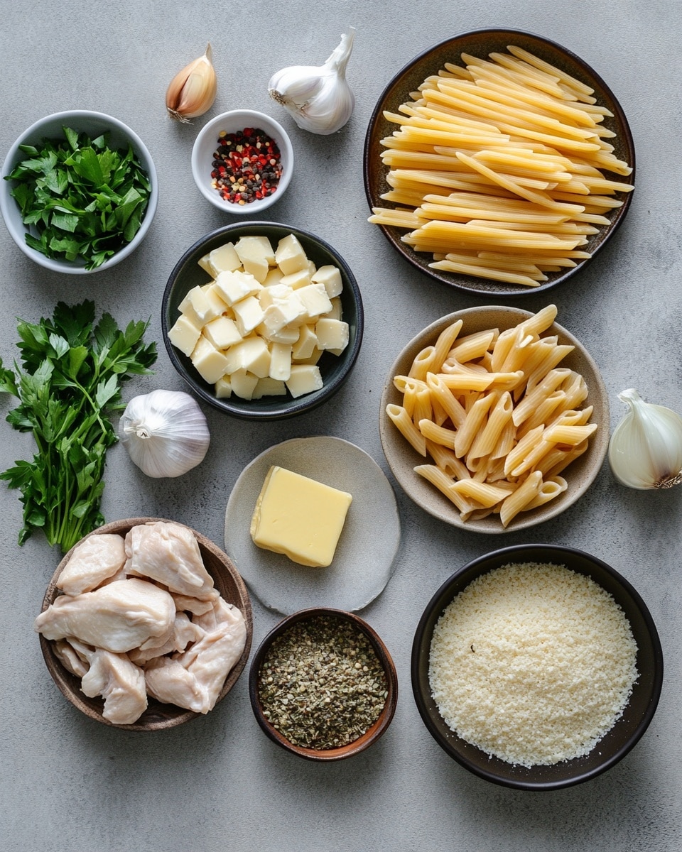 A close-up view of a white bowl filled with creamy yellow pasta coated in a smooth sauce, topped with several pieces of browned and grilled chicken that have a slightly crispy texture. Bright green chopped herbs are sprinkled over the chicken and pasta, adding a fresh look. Some black pepper is visible on the surface of the sauce and chicken, creating small dark specks. The bowl sits on a white marbled surface. Photo taken with an iphone --ar 4:5 --v 7