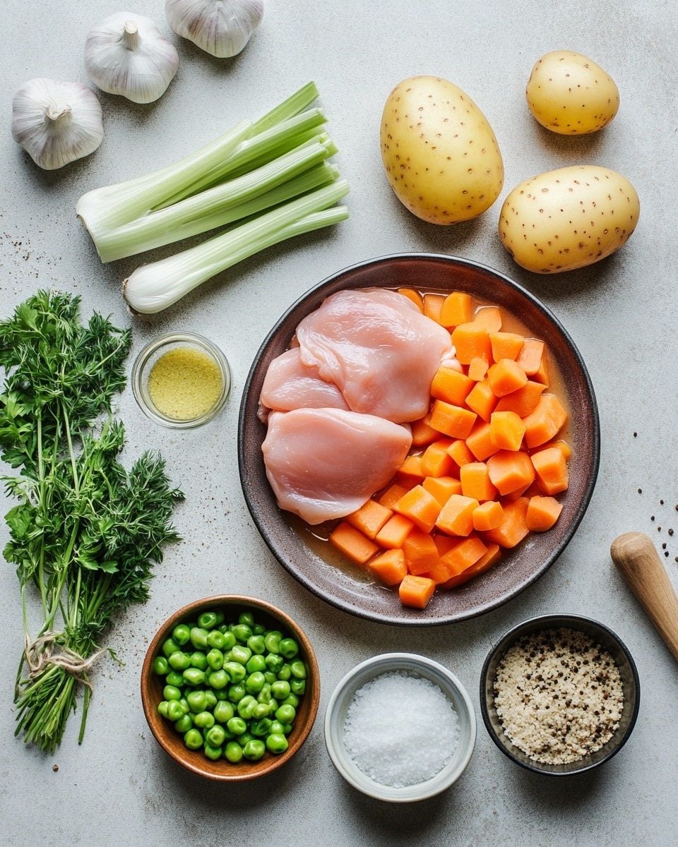 A white bowl filled with creamy chicken soup is shown from above. The soup has three main layers: large chunks of soft yellow potatoes on top, orange carrot pieces scattered around, and shredded white chicken mixed evenly throughout. The creamy broth is pale with black pepper and green herb specks sprinkled on the surface. The bowl sits on a white marbled surface with a folded gray cloth napkin on the lower left and rustic bread slices on a wooden board at the top left and a separate slice on the top right. The whole image has soft natural lighting. photo taken with an iphone --ar 4:5 --v 7