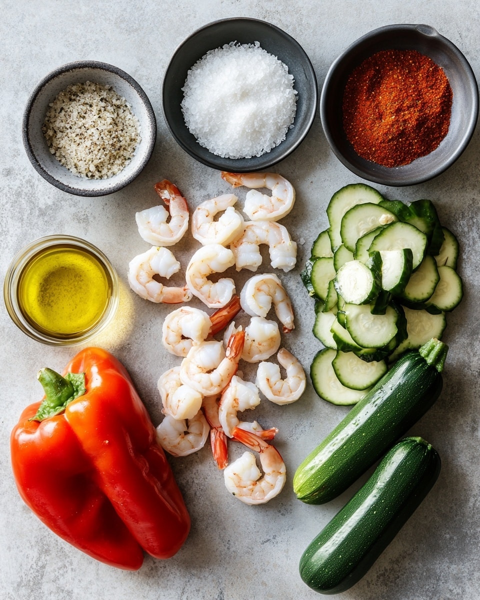 A black frying pan filled with cooked shrimp and mixed vegetables, including green zucchini slices and orange bell pepper pieces, all seasoned with black pepper and garnished with small green parsley bits. The shrimp are plump and orange with a slight char, mixed evenly with the vegetables. The pan rests on a white marbled surface, and a bowl of chopped green herbs is visible in the background. Photo taken with an iphone --ar 4:5 --v 7