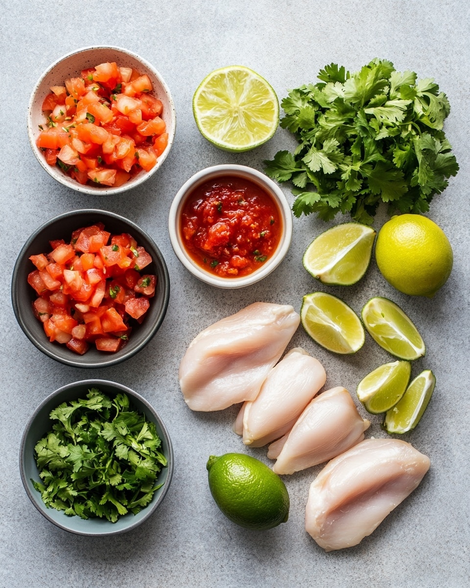 Inside a shiny black slow cooker, there is one layer of shredded light brown chicken mixed with a reddish chunky tomato sauce. Small bright green cilantro leaves are spread on top evenly, adding a fresh touch. The tomato sauce has a thick, smooth texture with whole tomato pieces visible, blending well with the tender meat. The inside of the cooker reflects light, adding depth to the rich colors of the dish. The dish is photographed against a white marbled surface. photo taken with an iphone --ar 4:5 --v 7