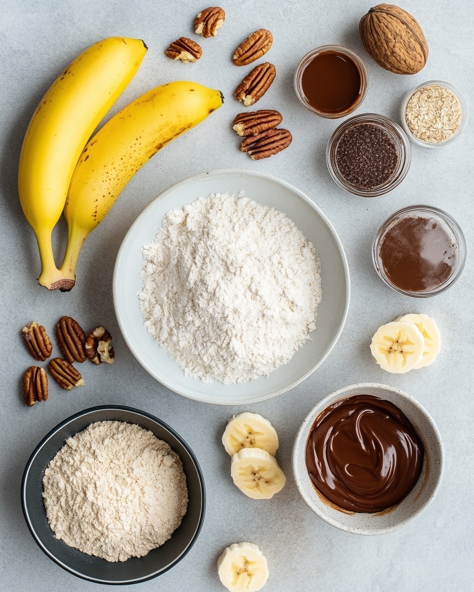 The image shows seven banana chocolate swirl muffins, each in white paper liners with a golden-brown top and dark chocolate swirls spread unevenly across the surface. Two muffins are placed on small black pedestal stands at the center, one slightly in front and the other towards the back, both elevated above the flat surface. Four muffins are arranged directly on the white marbled texture surface around the stands, with one mostly visible in the foreground. In the background, two whole yellow bananas rest on the white marbled surface. On the left side, there is a brown ceramic jar filled with dark chocolate spread, with a small spoon sticking out from it. The photo was taken with an iphone --ar 4:5 --v 7