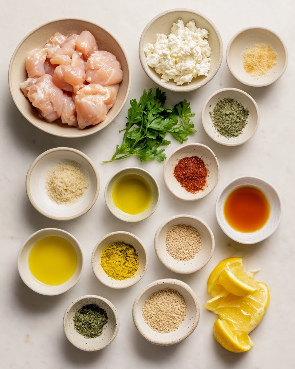 The dish shows a white oval plate filled with six thick slices of golden-brown grilled chicken arranged in two rows. The chicken slices have a shiny, sticky orange-brown sauce layered on top and pooling around the base. Crumbled white cheese is sprinkled generously over the chicken, adding a soft texture contrast. Small pieces of fresh green herbs are scattered across the dish, providing a fresh look. The plate is set on a folded blue cloth, and the background is a white marbled surface with a blurred second plate in the distance. Photo taken with an iphone --ar 4:5 --v 7