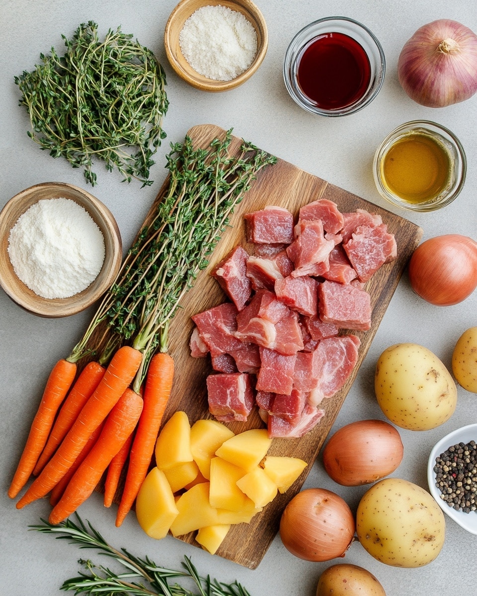The image shows a rich beef stew with several layers of ingredients in a pot. Large chunks of dark brown beef form the main layer, surrounded by orange carrot slices and small yellow potatoes. There are also many sliced mushrooms with a light brown color mixed in. The whole dish is covered in a thick, glossy, dark brown sauce and garnished with small green parsley leaves and a large green bay leaf on top. A wooden spoon is placed on the right side, partially submerged in the stew. The background has a white marbled texture. photo taken with an iphone --ar 4:5 --v 7