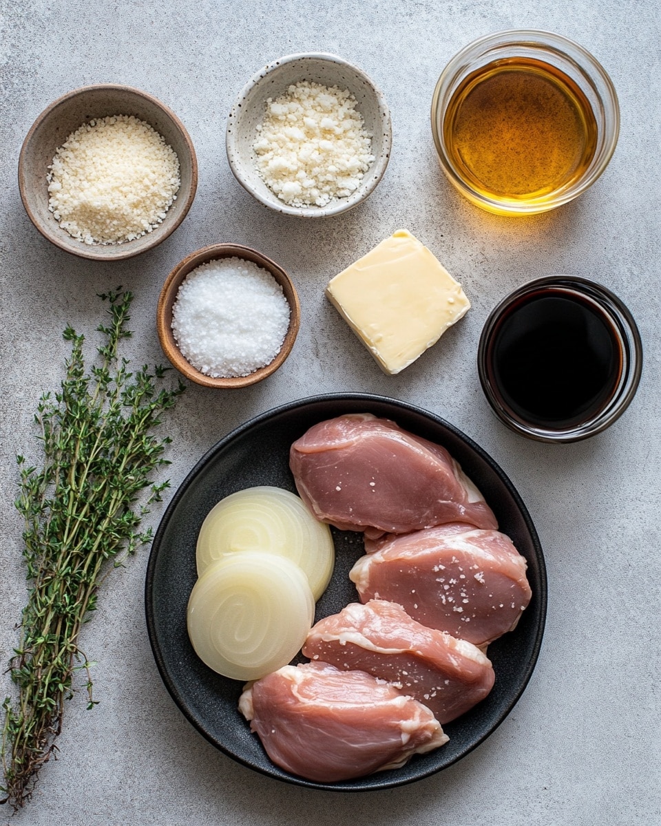 The image shows a clear glass baking dish with two large pieces of white chicken topped with melted, slightly browned cheese. There are thinly sliced onions underneath and around the chicken, partially covered by a golden, bubbly cheese layer with some green herb sprinkles on top. The dish rests on a wooden surface with a green and white striped cloth partially underneath it, and a wooden spoon and empty glass are seen in the background on the same surface. The setting is warm and homey. Photo taken with an iphone --ar 4:5 --v 7