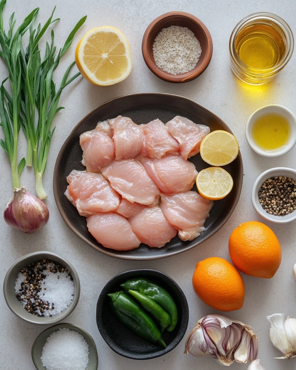 A close-up view of a metal pan filled with small, browned chicken pieces covered in a thick, shiny dark brown sauce. Scattered on top are bright green slices of jalapeño peppers and thin rounds of light green scallions. The pan is on a white marbled surface with a whole onion below it, some jalapeño slices beside the pan, and a small white bowl of dark sauce in the upper right corner. A wooden spoon rests near the pan on a light cloth. Photo taken with an iphone --ar 4:5 --v 7