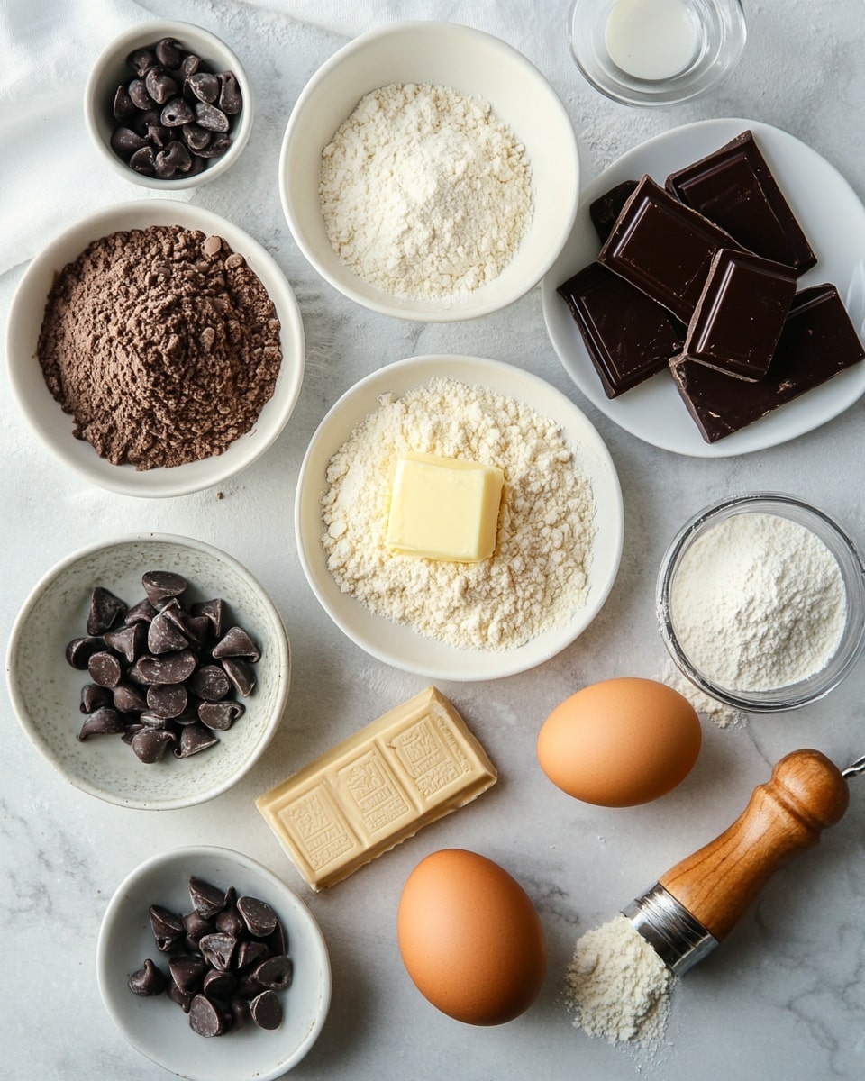 The image shows a group of brownies with two visible layers: the bottom layer is dark brown, dense, and rich-looking, while the top layer is a light golden-brown cookie dough with melted chocolate patches on top. The brownies are cut into square pieces, some grouped closely together and a few slightly separated. The surface of the top layer is cracked in places, revealing glossy melted chocolate. There are noticeable flakes of sea salt scattered on top, adding texture and shine. The brownies rest on light brown parchment paper over a white marbled surface. Photo taken with an iphone --ar 4:5 --v 7