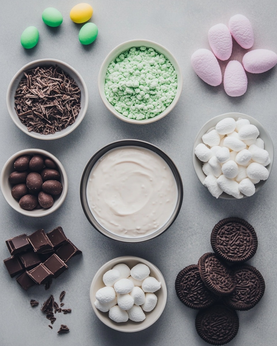 The image shows a dessert in a clear glass cup with four visible layers alternating between light brown creamy mousse and dark brown cake. The top layer is decorated with green shredded coconut that looks like grass. On top, there is a bright pink marshmallow bunny shape standing in the middle, two candy eggs (one pale blue and one yellow), one small orange carrot-shaped candy with white dots and a tiny green top, and a small light blue flower candy. The glass sits on a white plate with a raised dotted edge, placed on a blue and white checkered cloth with a white marbled texture in the background. Additional small candy flowers and eggs are scattered around the plate. Photo taken with an iphone --ar 4:5 --v 7