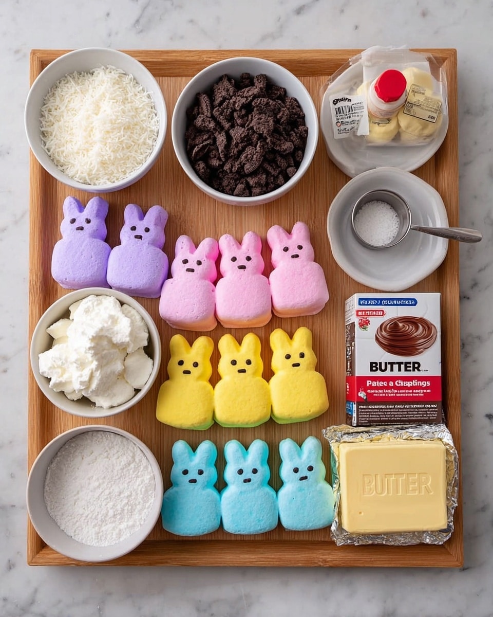 A wooden tray is filled with colorful ingredients neatly arranged: four rows of marshmallow bunnies in purple, pink, yellow, and blue from left to right, each with small brown eyes and nose details; a white bowl full of white shredded coconut sits at the top center; to the right, a metal measuring cup contains white powdered sugar; below it, a small bottle of red food coloring sits; next to it, a large white bowl holds smooth white whipped cream; a purple box of chocolate Jell-O pudding mix is placed near the bottom right; a stick of unsalted butter wrapped in paper lies beside the Jell-O; below the coconut bowl, a large white bowl is filled with dark chocolate cookie crumbs; and finally, a foil package of cream cheese is placed at the bottom center on the tray. The whole setup rests on a background of white marbled texture photo taken with an iphone --ar 4:5 --v 7
