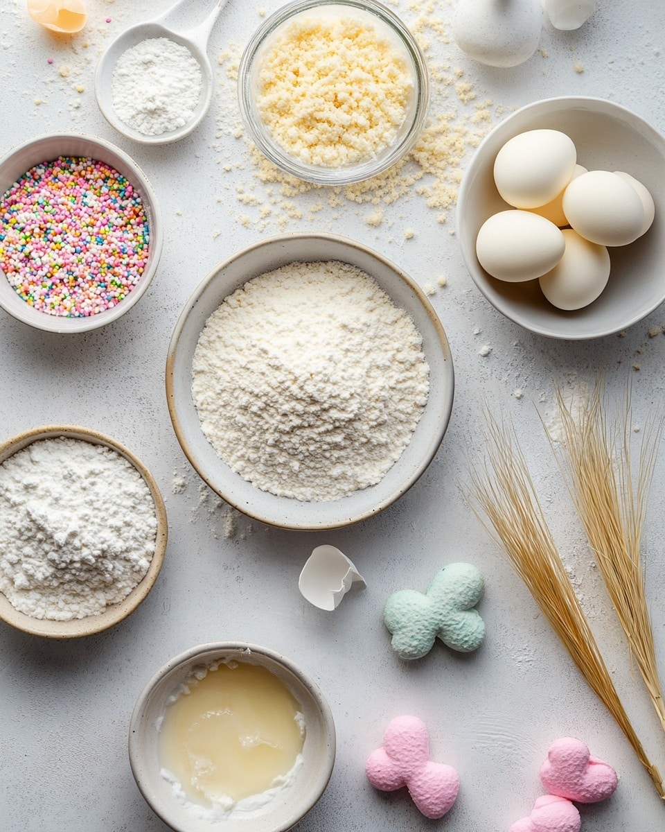 The image shows a white marbled surface with many clear glass and white bowls arranged neatly in rows, each holding different baking ingredients. At the top left, a large clear bowl is filled with flour, next to a smaller bowl filled with colorful jellybeans and a white bowl with green and black liquid. Below these are smaller bowls containing dark amber liquid, powdered sugar, and rainbow sprinkles. A white scalloped bowl in the center holds shredded coconut, and next to it, a bowl has butter sticks placed side by side on a white plate. Three white eggs rest near the bottom center, next to a small white plate with a blue, pink, and yellow marshmallow bunny and chick candies. Several small empty clear bowls and bowls with white powder are scattered around. The setup is bright with all elements sharply visible and arranged on the white marbled surface photo taken with an iphone --ar 4:5 --v 7
