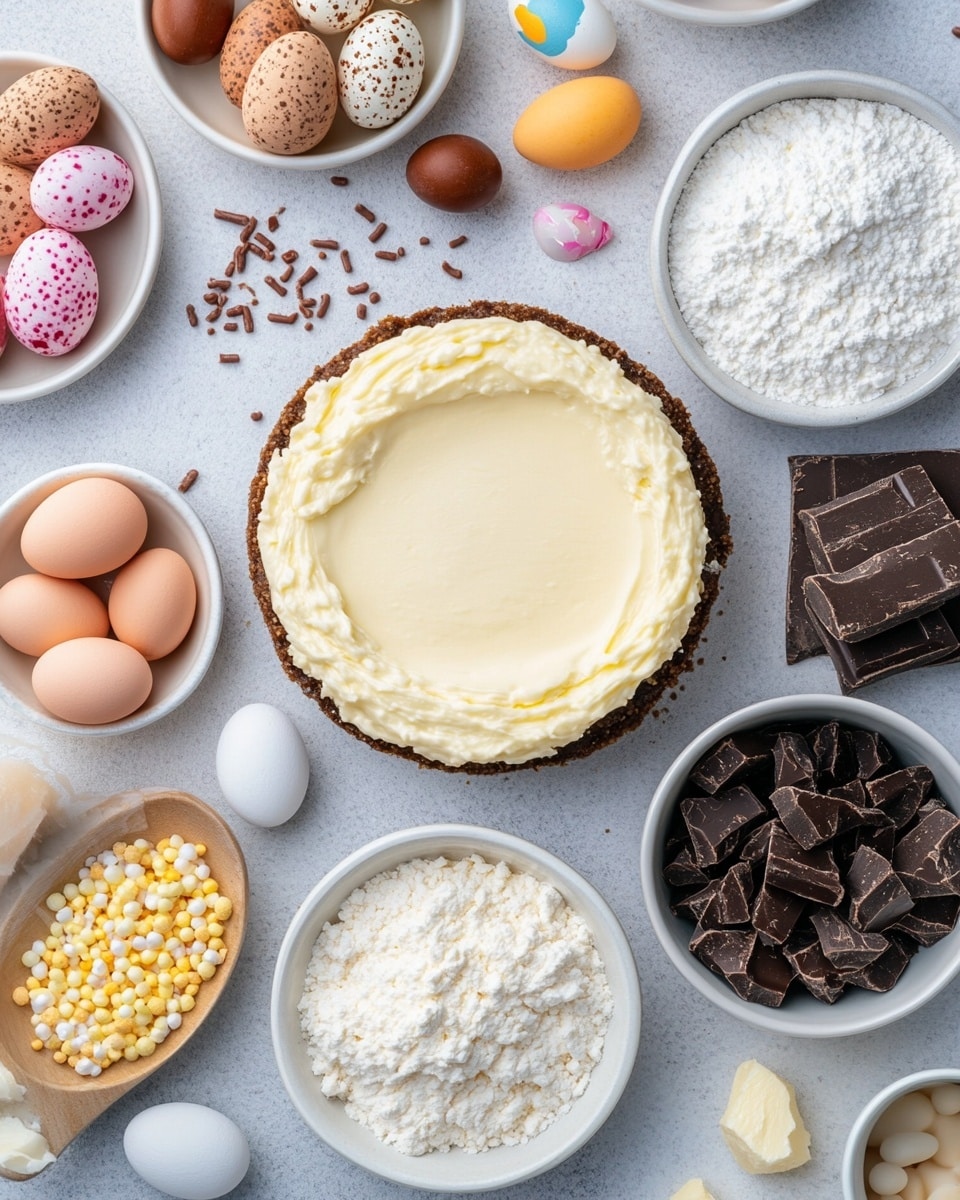 A round cake sits on a clear glass plate on a white marbled surface. The cake has three layers: a light brown crumbly crust at the bottom, a thick creamy white middle layer, and a glossy dark chocolate layer on top that drips down the sides. Around the edge of the cake, there are swirls of white cream, each topped with a halved chocolate egg showing white and orange filling that looks like a small sunny side egg. In the center of the cake, the dark chocolate topping is sprinkled with small round golden sprinkles. Wrapped purple and yellow chocolate eggs are scattered around the cake. Photo taken with an iphone --ar 4:5 --v 7