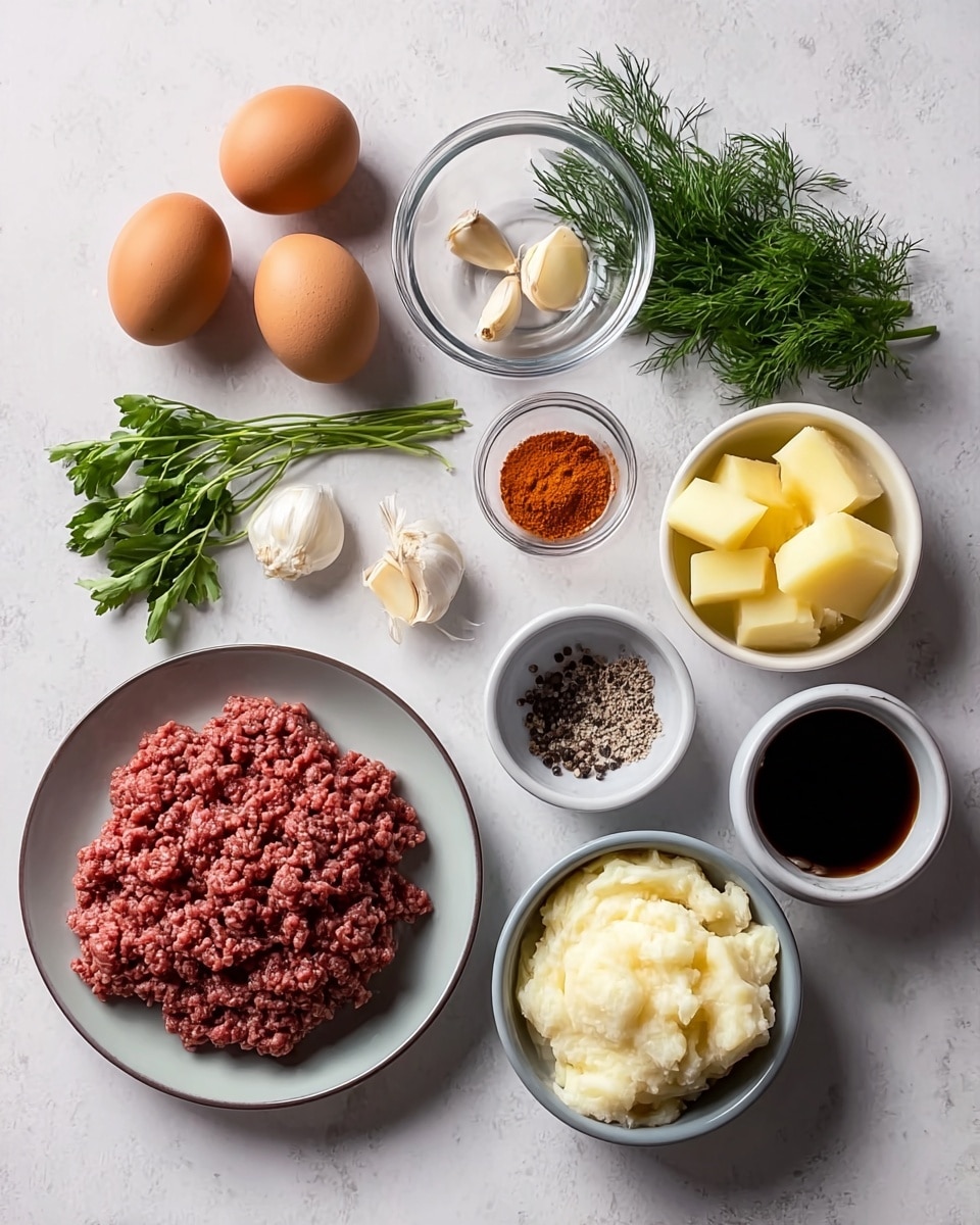 The image shows several raw cooking ingredients placed on a white marbled surface. There are two brown eggs in the upper left corner. Below the eggs, two garlic cloves rest in a small clear bowl, with two more garlic cloves just outside the bowl. A bunch of fresh green herbs including dill and parsley is placed nearby. To the right of the eggs, a small white bowl holds a reddish-orange spice, and below it, another white bowl contains cracked black pepper. A small white plate with pale yellow potato pieces is near the top right, and below them a small gray bowl filled with a dark liquid sits next to a black bowl containing fluffy white mashed potatoes. Finally, a white plate in the bottom left corner is heaped with raw ground meat. photo taken with an iphone --ar 4:5 --v 7