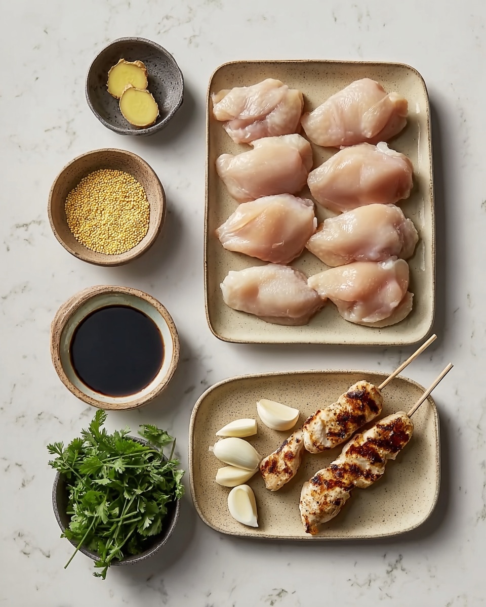The image shows nine pieces of raw chicken arranged neatly on a beige rectangular plate at the top right, with three grilled chicken skewers with a light brown char placed beside several cloves of garlic on a smaller beige rectangular plate below it. To the left, three small round bowls contain different ingredients: the top one has small yellow grains, the middle one has a dark soy sauce, and the bottom one holds fresh green parsley leaves. There is also a small dark bowl holding two slices of ginger near the soy sauce bowl. The whole setting is placed on a white marbled surface. Photo taken with an iphone --ar 4:5 --v 7