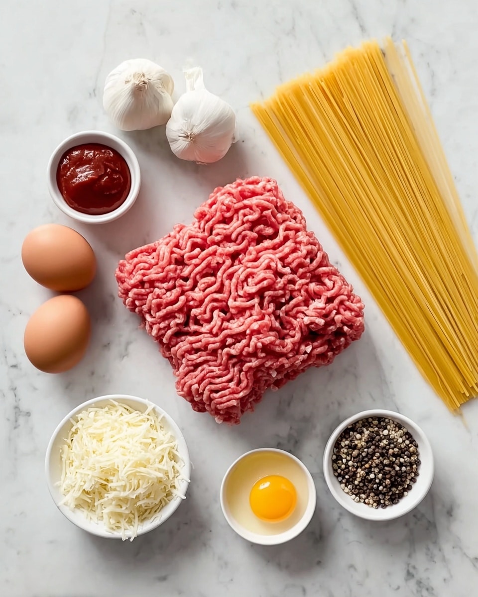 The image shows ingredients arranged on a white marbled surface. In the center, there is a large square pile of pink ground meat with visible texture. To the right, a bundle of uncooked yellow spaghetti lays in a straight line. Above the meat, there are three brown eggs placed closely together. To the left of the eggs, two whole white garlic bulbs sit nearby. Below the meat, three white small round bowls hold different ingredients: one has dark red sauce with a smooth texture, the second contains shredded white cheese, and the third is filled with mixed black and white peppercorns. Near the bundle of spaghetti, a small white bowl contains a single raw yellow egg yolk. photo taken with an iphone --ar 4:5 --v 7