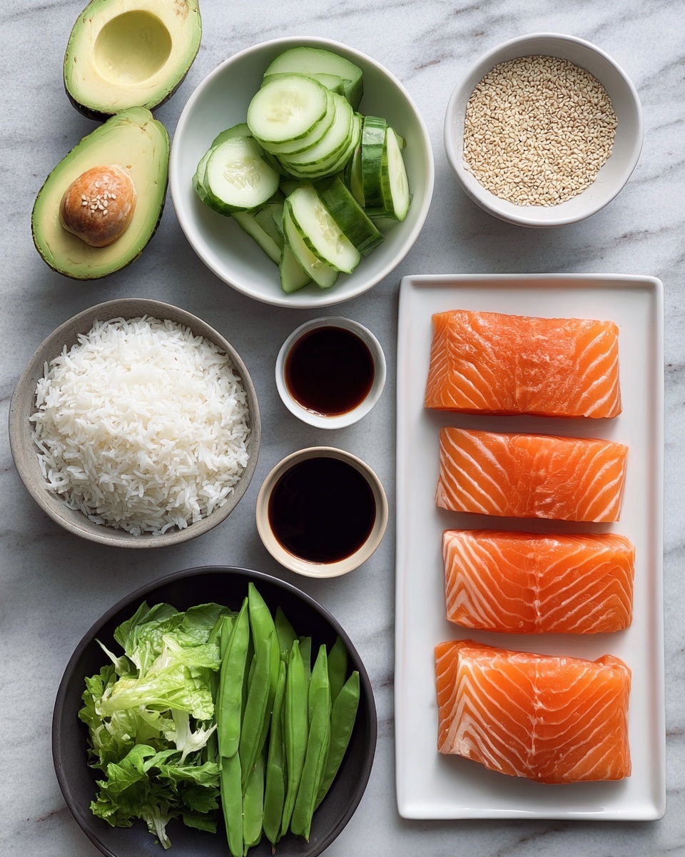 The image shows ingredients arranged neatly on a white marbled surface. On the right, there is a white rectangular plate holding four raw salmon fillets with bright orange color and white lines. To the left, there is a small white bowl filled with white rice. Above it, a dark bowl holds sliced cucumbers and green leafy vegetables layered beside each other, both fresh and crisp. Above that, a white bowl contains thicker cucumber slices. On the top left, a halved avocado with a smooth green interior and two green snap peas are placed. Two small white bowls with dark soy sauce and one white bowl with light sesame seeds sit near the bottom left. Another dark bowl near the top holds more sesame seeds. The whole scene is clear and simple, styled with fresh, clean colors. Photo taken with an iphone --ar 4:5 --v 7