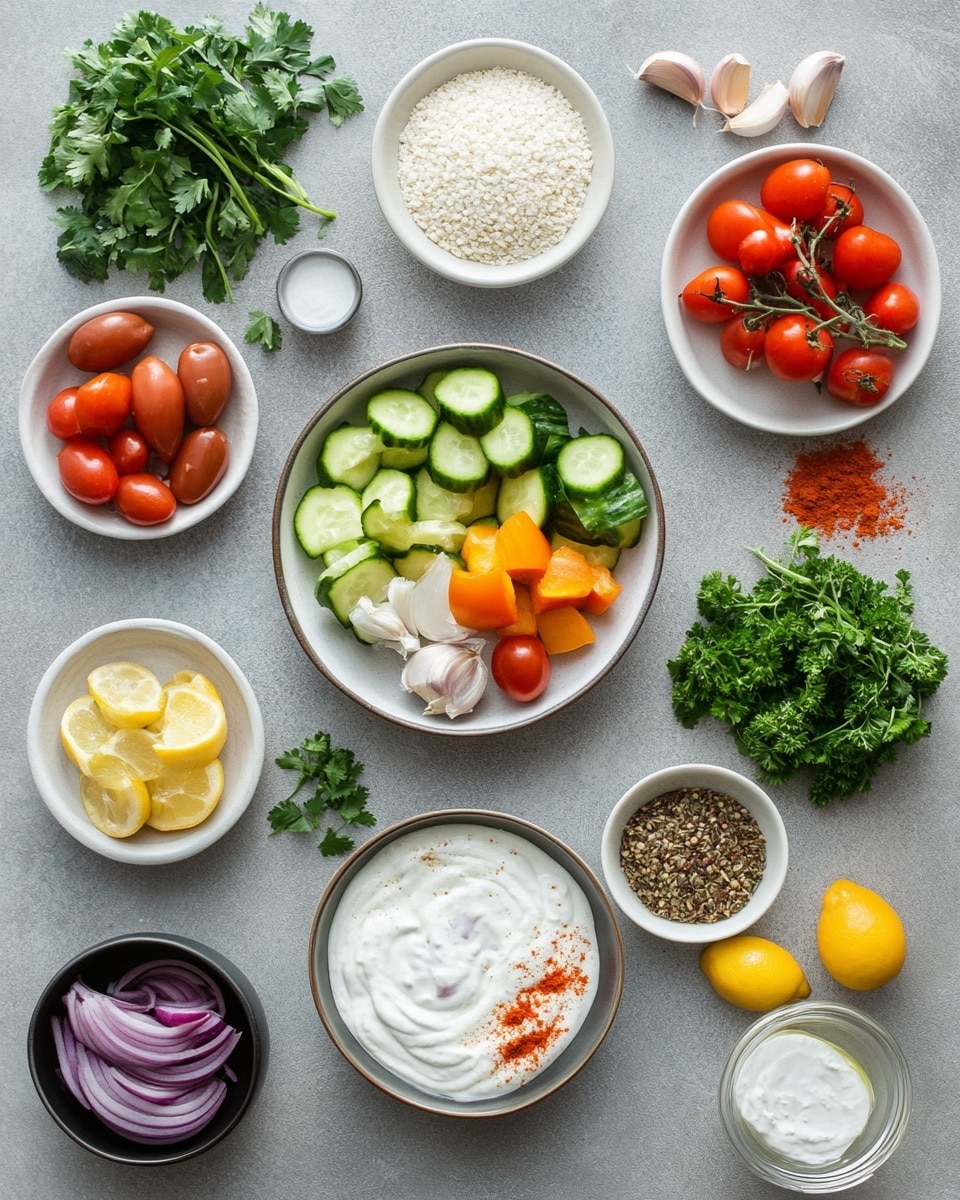 Two pita wraps sit side by side on a round white plate with brown edges, each wrapped partly in shiny silver foil. Inside each pita, there is a layer of cooked golden chicken pieces, topped with slices of red tomato and rings of purple onion. Fresh green herbs are sprinkled on top, and white sauce drips lightly over the chicken and onto the plate. The background is a white marbled surface, decorated with sprigs of green parsley and small red cherry tomatoes. photo taken with an iphone --ar 4:5 --v 7