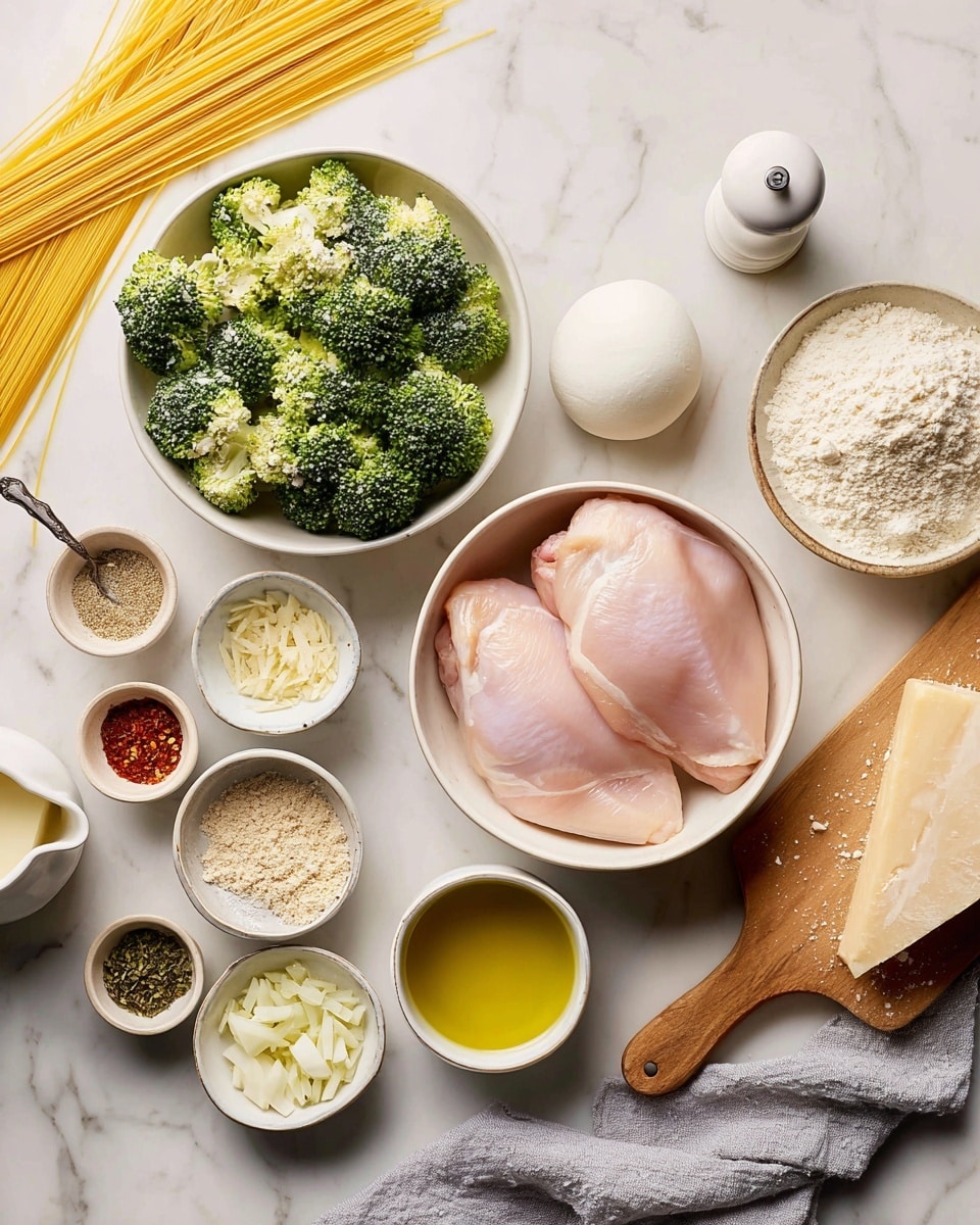 The image shows raw cooking ingredients arranged on a white marbled surface. At the center, a white bowl holds two pale pink raw chicken pieces with a smooth texture. To the upper left, a bowl is filled with bright green broccoli florets, showing their detailed small buds and stems. Long uncooked spaghetti strands fan out from behind the bowls, their bright yellow color contrasting with the green broccoli. Near the top middle, a white pepper grinder stands next to a white bowl containing a round ball of white mozzarella cheese with a soft and smooth surface. On the right side, a wooden board holds small bowls filled with light beige flour, chopped pale yellow garlic, and finely chopped white onions, all showing their granular textures. Below, smaller bowls contain golden-yellow olive oil, and a bigger bowl has a light beige grated cheese. To the left, a small white pitcher shows some milk. A round dish in the lower left corner has dried green herbs, red paprika powder, and light brown garlic powder arranged with two silver spoons and a small dish of salt, adding pops of color. A soft gray cloth is casually placed near the bottom right corner. The whole scene has natural light and a clean, fresh feel. photo taken with an iphone --ar 4:5 --v 7