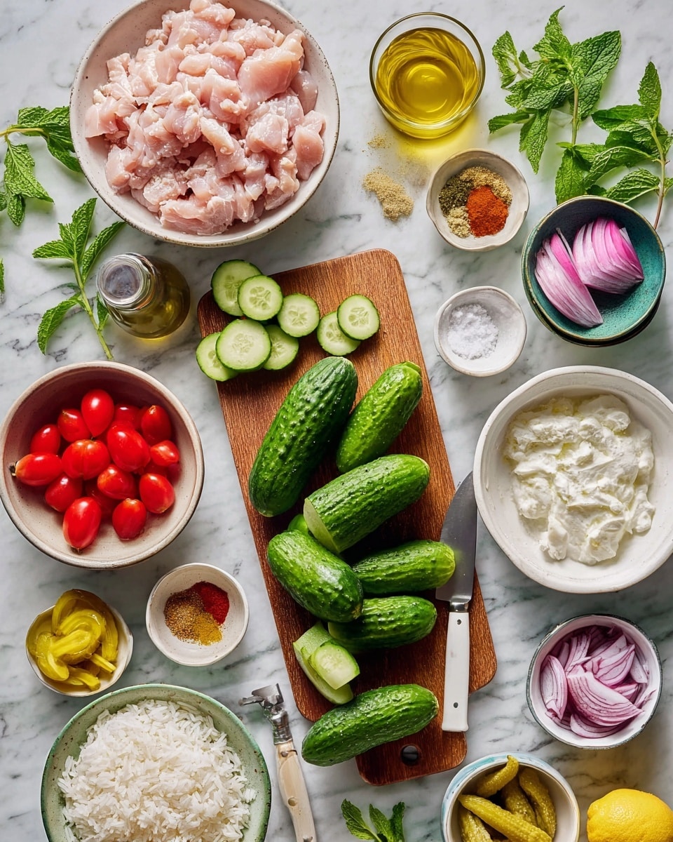 A collection of fresh ingredients is shown on a white marbled surface, centered around a wooden cutting board holding five whole green cucumbers and several cucumber slices with a knife that has a white handle placed on top; nearby, a white bowl filled with chunks of raw pink chicken is on the left, and a white bowl of cooked white rice sits below it. Surrounding the board are small bowls containing bright red cherry tomatoes on the vine, various colorful ground spices, thin purple onion slices, peeled garlic cloves, creamy white yogurt, chopped yellow pickles, a lemon half, golden olive oil in a glass container, and salt in a small dish. Fresh green mint leaves are scattered around the composition, adding a touch of vibrant color. photo taken with an iphone --ar 4:5 --v 7