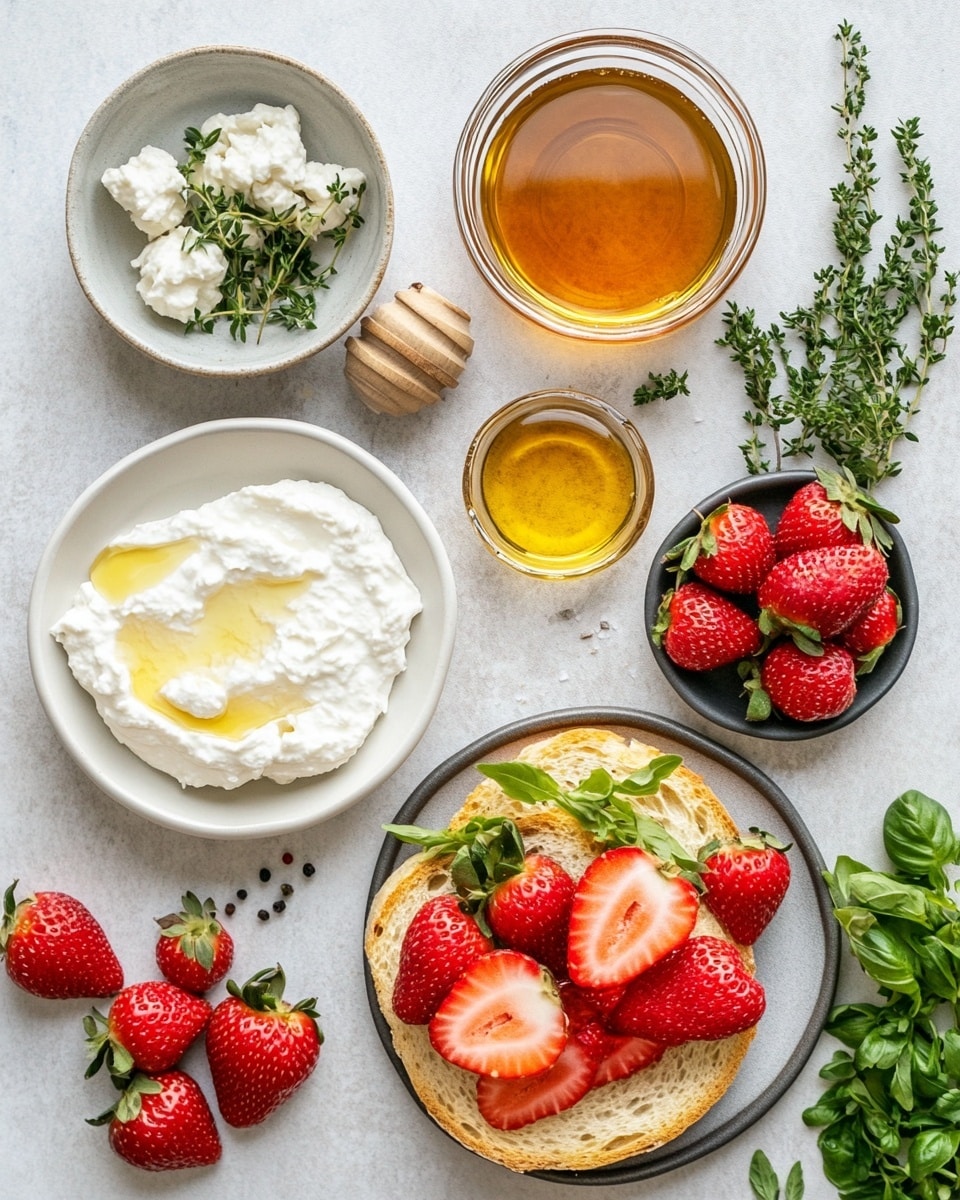 Two pieces of toasted bread lie on a wooden board placed on a white marbled surface. Each toast has a base layer of creamy white cheese spread evenly, topped with several slices of bright red strawberries. The strawberries have a shiny, juicy texture with some green herbs sprinkled on top for color contrast. The toasted bread is golden brown with slightly darker edges, showing a crisp texture. Photo taken with an iphone --ar 4:5 --v 7