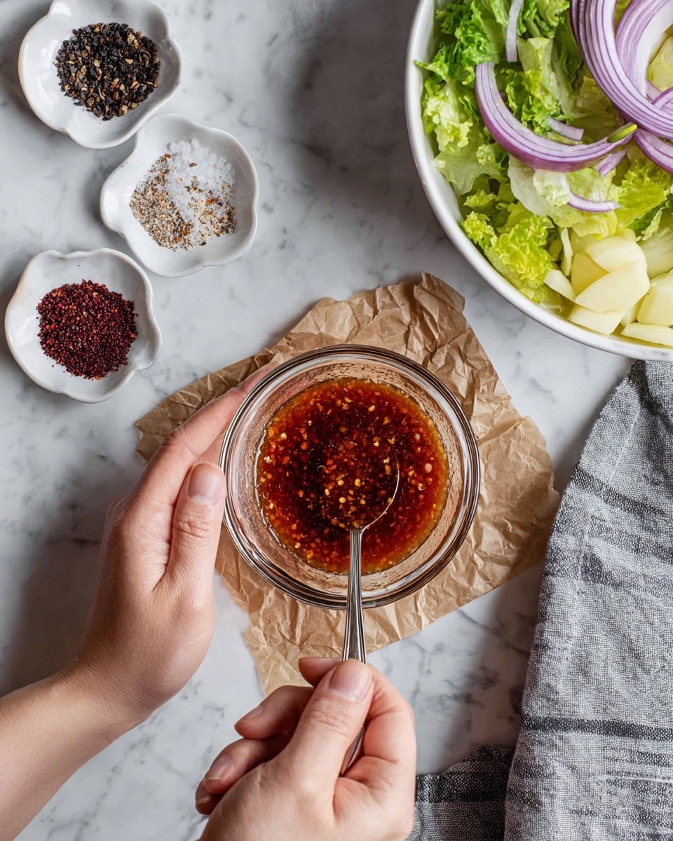 The image shows a white bowl filled with a colorful potato salad made of large pieces of soft, pale yellow potatoes mixed with thin slices of bright purple onion, shredded orange carrots, and small green leafy herbs. The salad has a light seasoning with visible black pepper specks and small bits of green herbs scattered throughout. Two wooden serving spoons rest inside the bowl on the right side. The bowl is placed on a white marbled surface, and a gray cloth with white stripes is partially visible on the right side. photo taken with an iphone --ar 4:5 --v 7