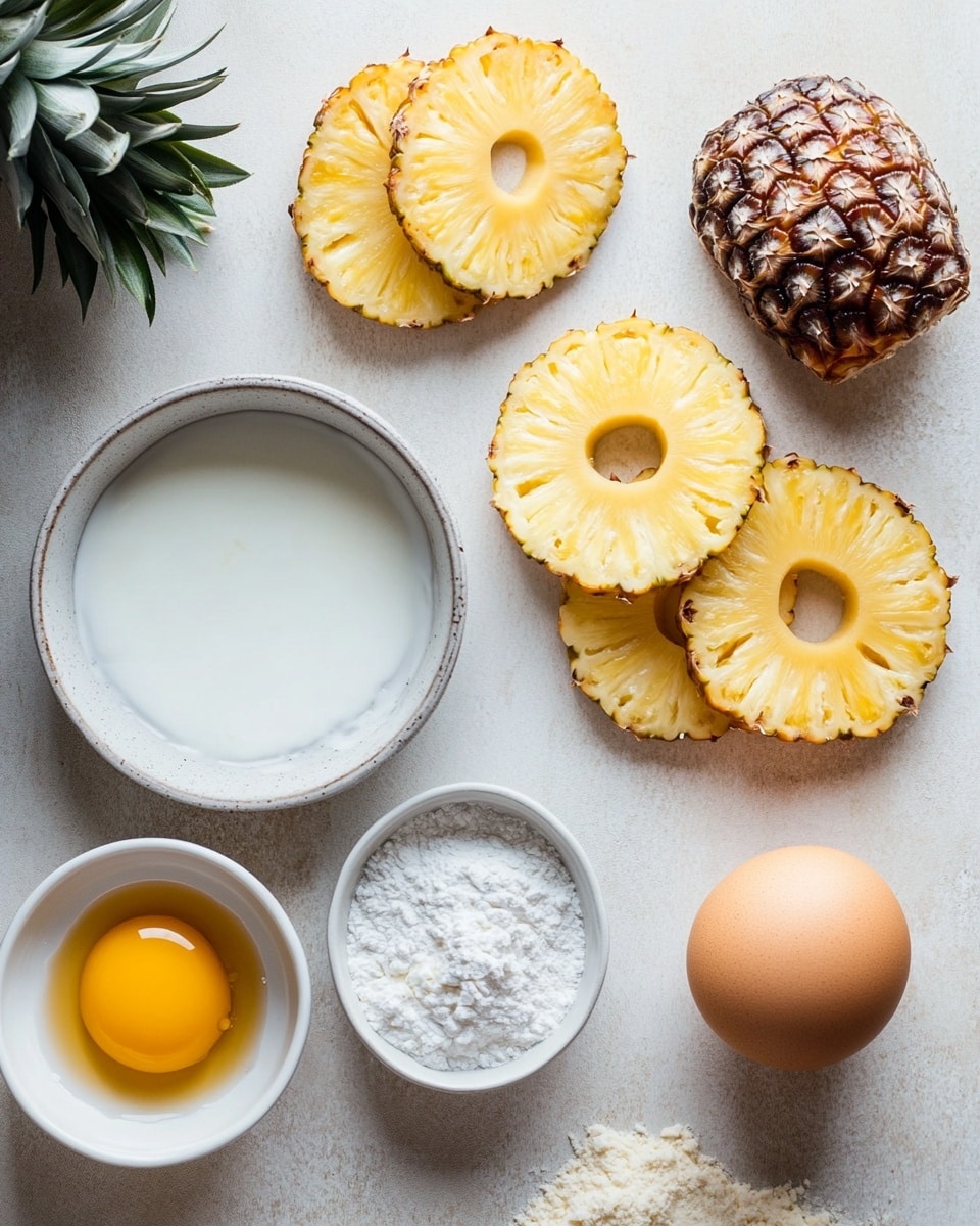 A white plate holds six golden yellow pineapple rings with a rough texture of toasted coconut flakes in deep brown and light beige tones covering the edges. In the center of the plate is a small white bowl filled with a light beige creamy sauce. A small sprig of green parsley is placed near the bowl. The background shows a white marbled surface with subtle gray veins, giving a clean and bright look. photo taken with an iphone --ar 4:5 --v 7