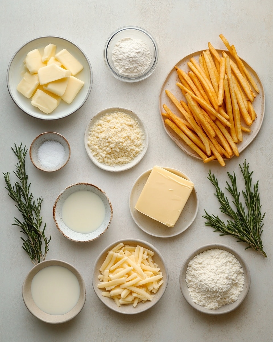 A white rectangular tray lined with light beige parchment paper holds a pile of golden-brown fries, some crispy and some soft, unevenly spread. On top, there is a thick layer of creamy, light yellow cheese sauce, generously drizzled and melting over the fries. Scattered on the cheese are small bits of green herbs and a sprinkling of reddish-brown seasoning, adding color contrast. The tray is set on a white marbled surface, and a light-colored round bowl is slightly visible in the background. photo taken with an iphone --ar 4:5 --v 7