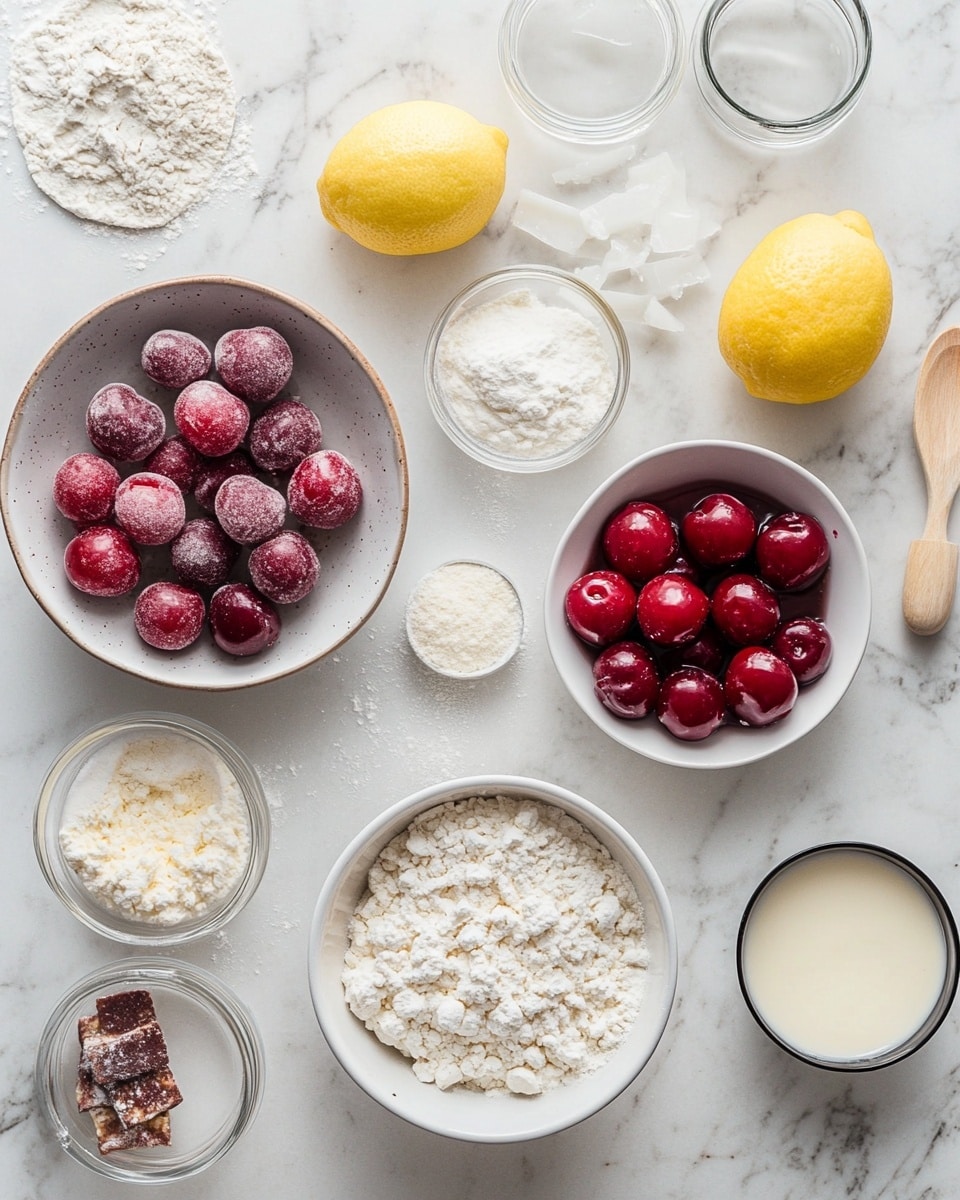 The image shows a close-up of a white tray filled with nine soft, spiral-shaped rolls with three visible layers: a light golden dough base, a dark red berry filling in the middle, and a thick layer of white creamy icing dripping down the sides. Scattered evenly across the rolls are shiny, whole cherries that add pops of deep red color. The rolls are placed tightly together on a white marbled surface, highlighting their soft texture and the glossiness of the icing. photo taken with an iphone --ar 4:5 --v 7