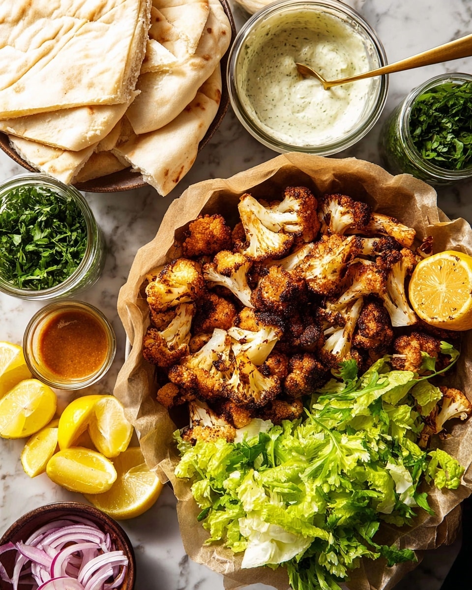 A large bowl lined with parchment paper holds crispy, browned cauliflower florets with one browned lemon wedge resting on top. Beside the bowl are fresh chopped green lettuce and bright yellow lemon wedges arranged neatly. At the top, there is a pile of soft, cut white pita bread pieces. There are also small glass jars containing green sauce, a creamy white sauce with a golden spoon inside, thin red onion slices, fresh parsley, and a small amount of orange-brown sauce. Everything is placed on a white marbled surface. Photo taken with an iphone --ar 4:5 --v 7