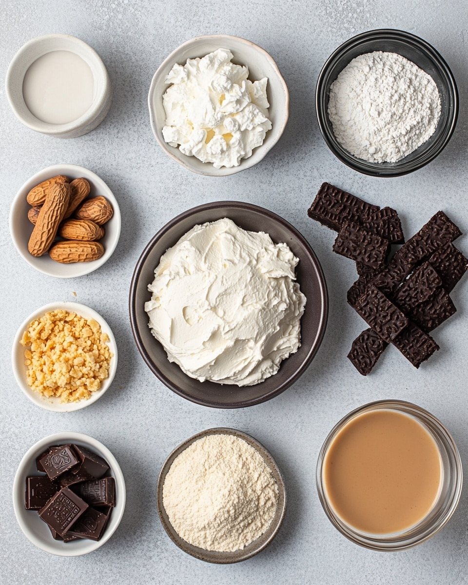 A single slice of creamy pie sits on a white plate with an uneven dark crumb crust forming the base. The thick middle layer is light beige with small specks of darker bits, giving it a soft, fluffy texture. On top, a sprinkling of chunks in deep orange and brown colors adds a crunchy look, some pieces are larger and some crushed finely, scattered unevenly across the surface. A silver fork lies on the plate near the pie with crumbs around it, and a blurry background shows more of the pie in the white pie dish on a white marbled surface. Photo taken with an iphone --ar 4:5 --v 7