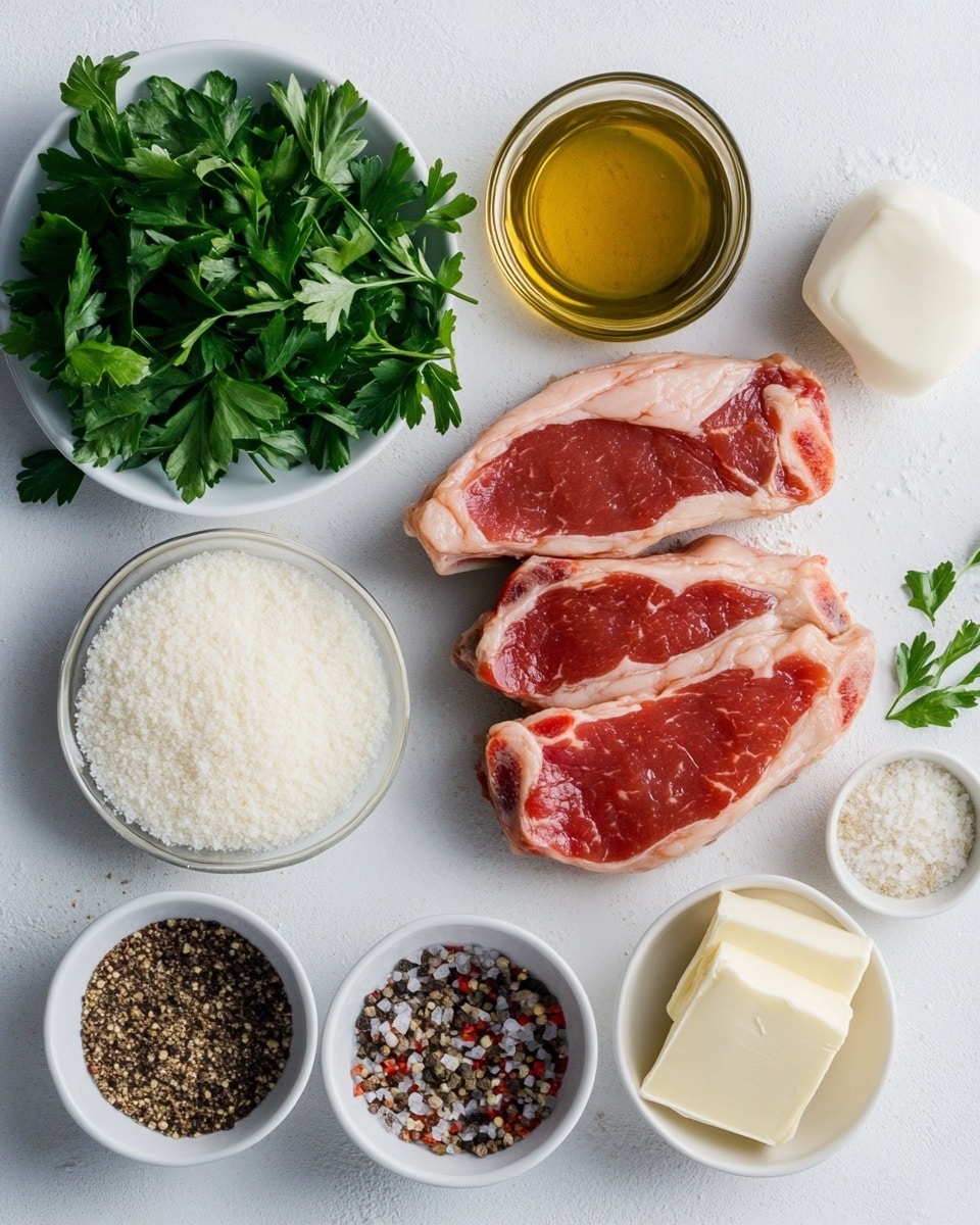 The image shows a white shallow bowl filled with three layers of food. The bottom layer is creamy mashed potatoes in off-white color with a soft and slightly chunky texture. On top of that lies a thick, brown pork chop covered with light brown gravy that has visible bits of herbs sprinkled across its glossy surface. To the side of the pork chop, bright green steamed broccoli florets add a fresh pop of color. The bowl sits on a white marbled surface, and in the blurred background, there is some green foliage. The photo taken with an iphone --ar 4:5 --v 7