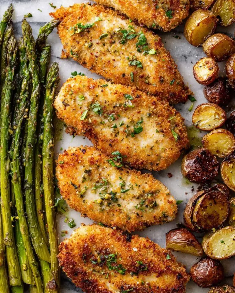 Sheet Pan Crispy Parmesan garlic Chicken with Roasted Potatoes and Asparagus Recipe