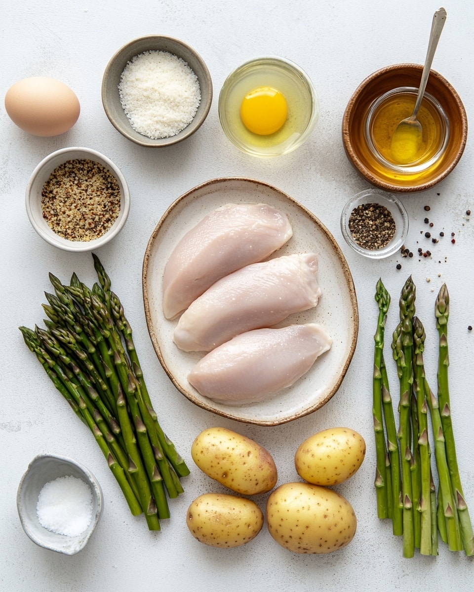 The image shows four golden-brown fried chicken pieces arranged vertically on a tray. The chicken has a crispy, textured crust with small green herb sprinkles on top. To the left, there are many roasted green asparagus stalks with a slightly wrinkled texture. On the right side and along the bottom, there are many roasted potato halves with browned, crispy edges and soft yellow insides. The background is a white marbled textured surface. The lighting highlights the crispiness and natural colors of the food, making it look fresh and tasty photo taken with an iphone --ar 4:5 --v 7