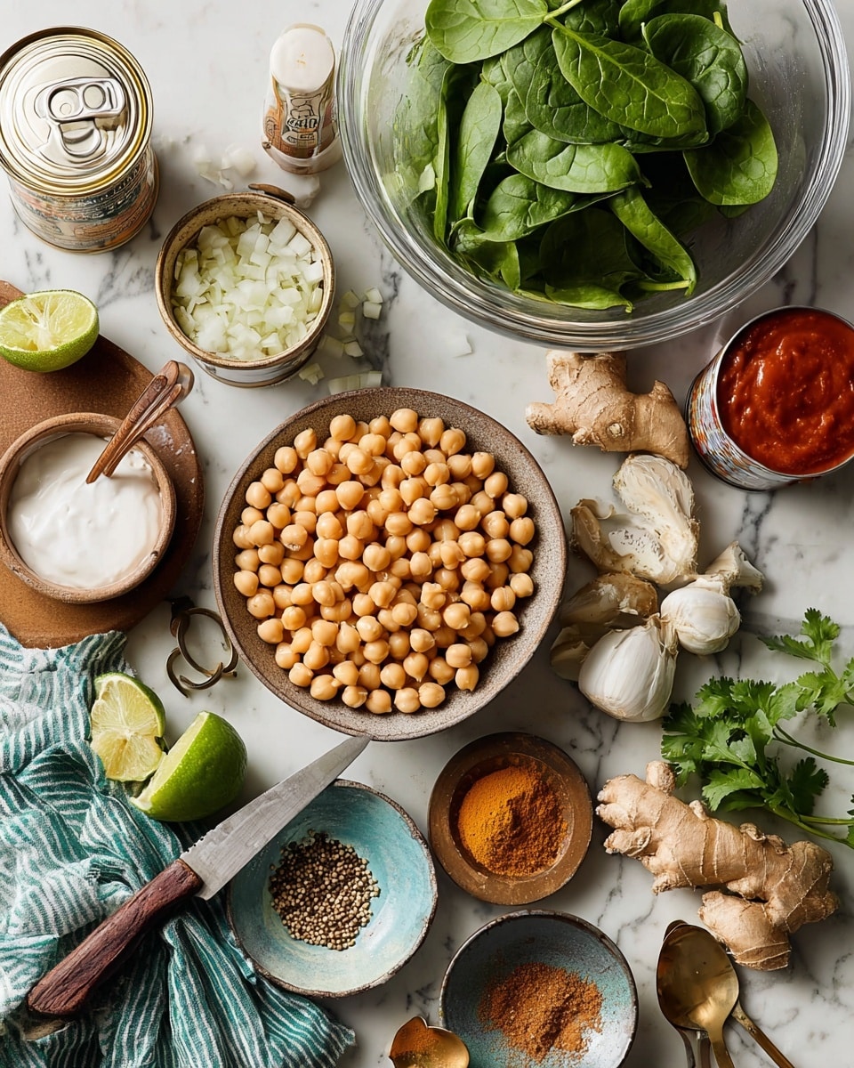 The image shows a variety of cooking ingredients arranged on a white marbled surface with a striped gray cloth nearby. At the center, there is a copper pan full of light brown chickpeas. Below it, a bronze bowl holds diced white onions with a lime and half a lime on top and a rustic knife resting on the edge. To the side, a small plate holds a large white garlic bulb with a few garlic cloves around it. Next to this are small bowls with ground spices: one with a yellow-brown powder and another with whole seeds. An open can of red tomato sauce and a glass jar of white coconut oil with a spoon inside are also present. Fresh green spinach leaves sit in a clear glass bowl on the right side, and fresh cilantro with its stems lies nearby. Photo taken with an iphone --ar 4:5 --v 7