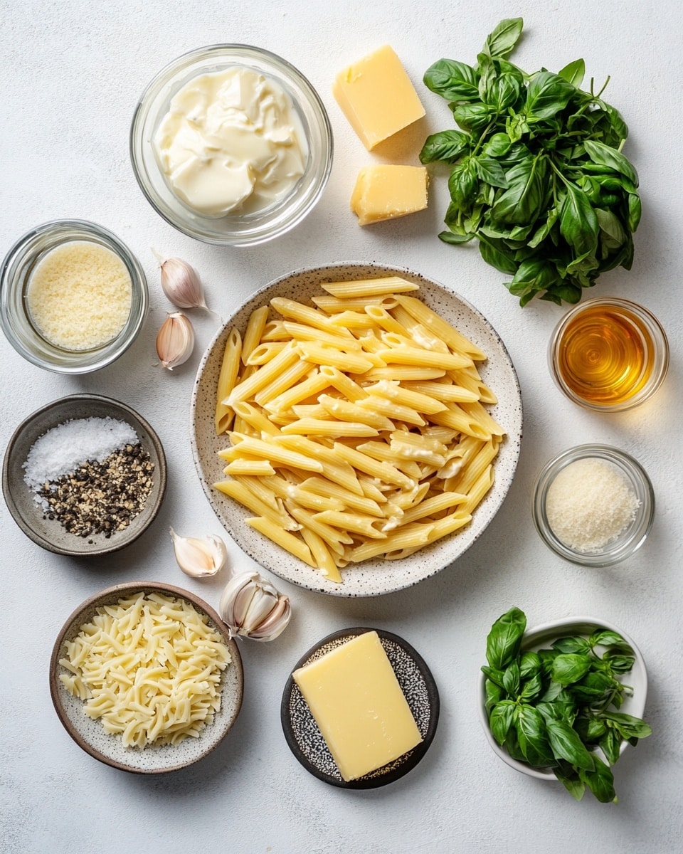 A white plate filled with a single layer of creamy penne pasta, each piece coated in a smooth, light beige sauce. Scattered on top are small green basil leaves and a sprinkle of grated white cheese, along with tiny red pepper flakes and black pepper dots evenly spread across the dish and plate rim. The edges of the plate and the pasta pieces show a soft texture with the light sauce clinging to the pasta ridges. The background is a white marbled surface. photo taken with an iphone --ar 4:5 --v 7
