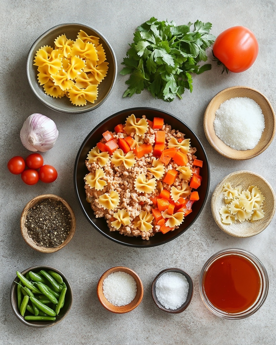 A white bowl filled with a rich, orange tomato broth containing three main layers: the bottom layer with small green peas, diced orange carrots, yellow corn, and green beans, the middle layer with large, yellow bow-tie pasta pieces, and the top layer with cooked ground meat chunks mixed evenly throughout. The bowl is placed on a floral cloth over a white marbled surface, next to a wooden pepper mill and a small white bowl of grated cheese with a golden spoon. photo taken with an iphone --ar 4:5 --v 7
