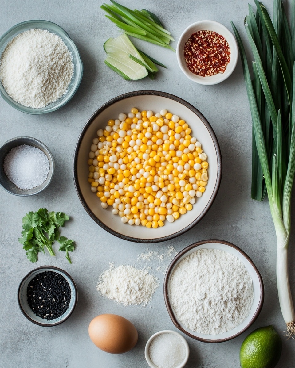 A tall sandwich with five visible layers on a white plate lined with white paper, set on a white marbled surface. The bottom layer is a soft, light beige bun. On top is a fresh bright green leaf of lettuce with ruffled edges. Above the lettuce sits a thick patty made from mixed corn and other vegetables, showing bright yellow, orange, and black bits. There is a layer of creamy white sauce spread on the patty. Above the sauce is a drizzle of red sauce, adding a pop of color. The sandwich is topped with a soft golden brown bun sprinkled with black sesame seeds, held together with a pink toothpick. Another sandwich with similar layers is blurred in the background, along with a jar of red sauce to the left and a blue glass to the right. Photo taken with an iphone --ar 4:5 --v 7