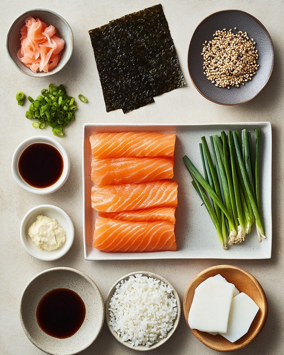 The dish is a baked casserole in a white rectangular baking dish with two handles. It has one main layer that is creamy orange in color, topped with drizzles of darker orange and red sauces in diagonal lines from top left to bottom right. The top layer is sprinkled with bright green chopped scallions, small black seaweed pieces, and white sesame seeds evenly spread. The casserole sits on a white marbled surface with scattered small bits of scallions and seeds around. To the left, there are two sheets of dark green seaweed on a white plate, and to the bottom right, a small white bowl holds more seaweed and sesame seed mix. A light gray cloth is seen in the bottom left corner. The photo taken with an iphone --ar 4:5 --v 7
