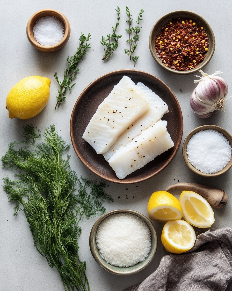 The image shows a close-up of four pieces of cooked white fish with a golden-brown crust on the top side, sprinkled with small green herb leaves. The fish pieces are placed in a white dish filled with a creamy yellow sauce containing small chunks of a yellow ingredient and scattered green herbs. The sauce has a smooth texture and lightly surrounds the fish. The background is a white marbled texture. photo taken with an iphone --ar 4:5 --v 7