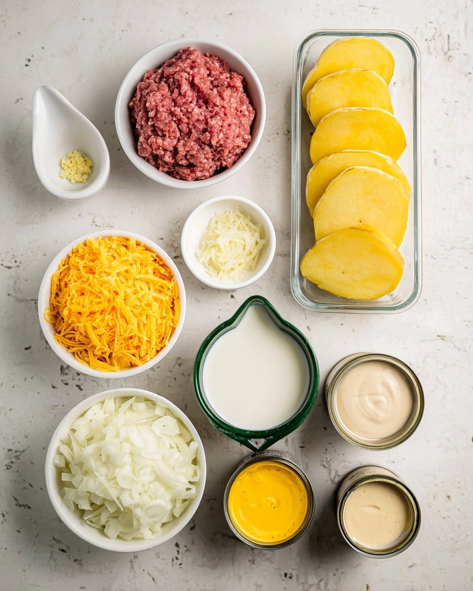 The image shows several bowls and containers with different ingredients placed on a white marbled surface. There is a white bowl with bright yellow shredded cheddar cheese at the bottom left, a small white bowl with finely chopped white onions above it, and a white ramekin filled with raw ground beef to the top left. To the right, a tall clear container holds thin, light yellow potato slices stacked neatly. In the middle, a tiny white bowl contains minced garlic. To the right of that, a small transparent green pitcher holds white milk. Below the pitcher is a small black rimmed cup with bright yellow melted butter. At the bottom center, a can filled with cream is seen next to another can that contains thick white sauce with black specks. photo taken with an iphone --ar 4:5 --v 7